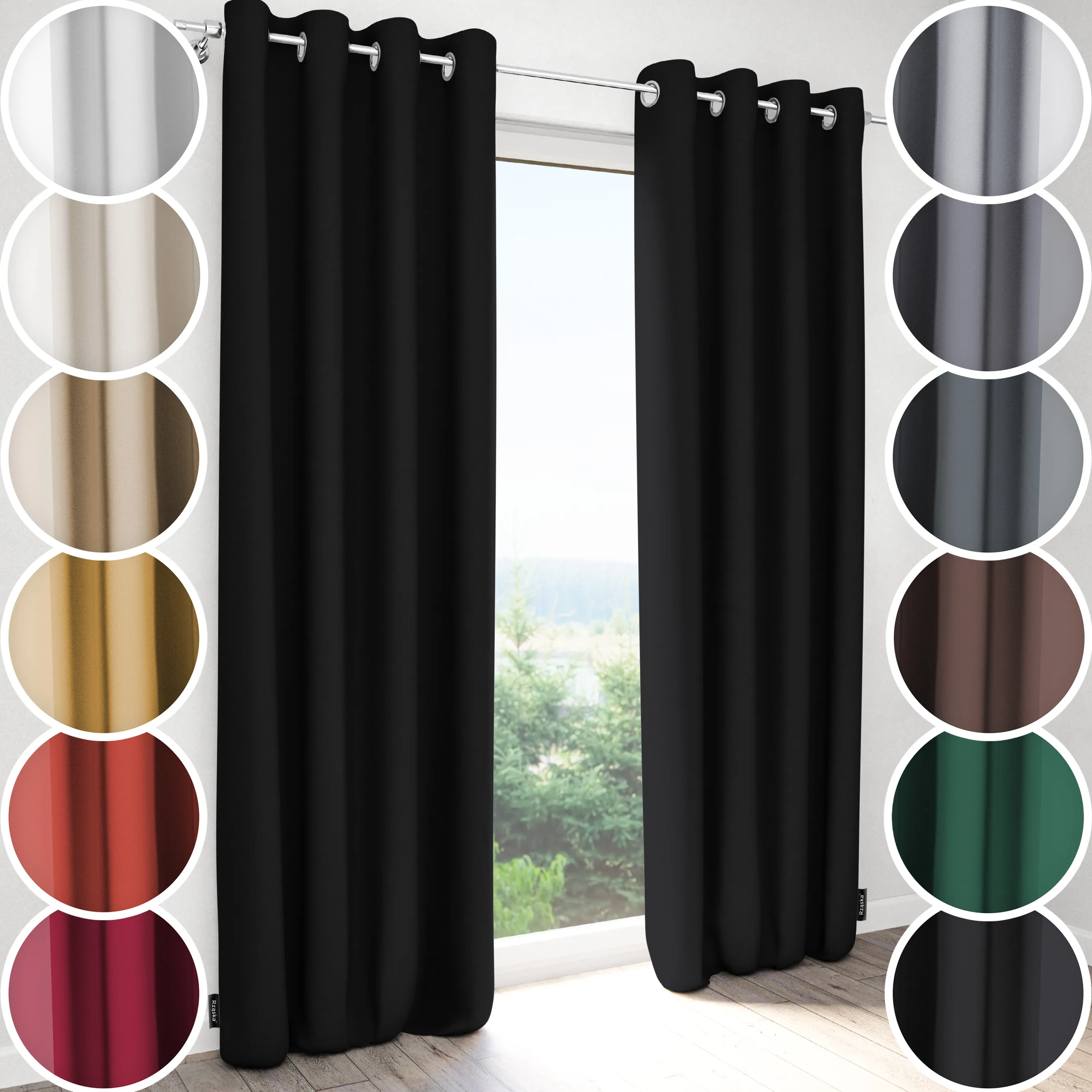 Zasłony zaciemniające Rząska® na przelotkach z kolekcji Century Black, łatwe w pielęgnacji, w kolorze Raven Feather, czarnym.