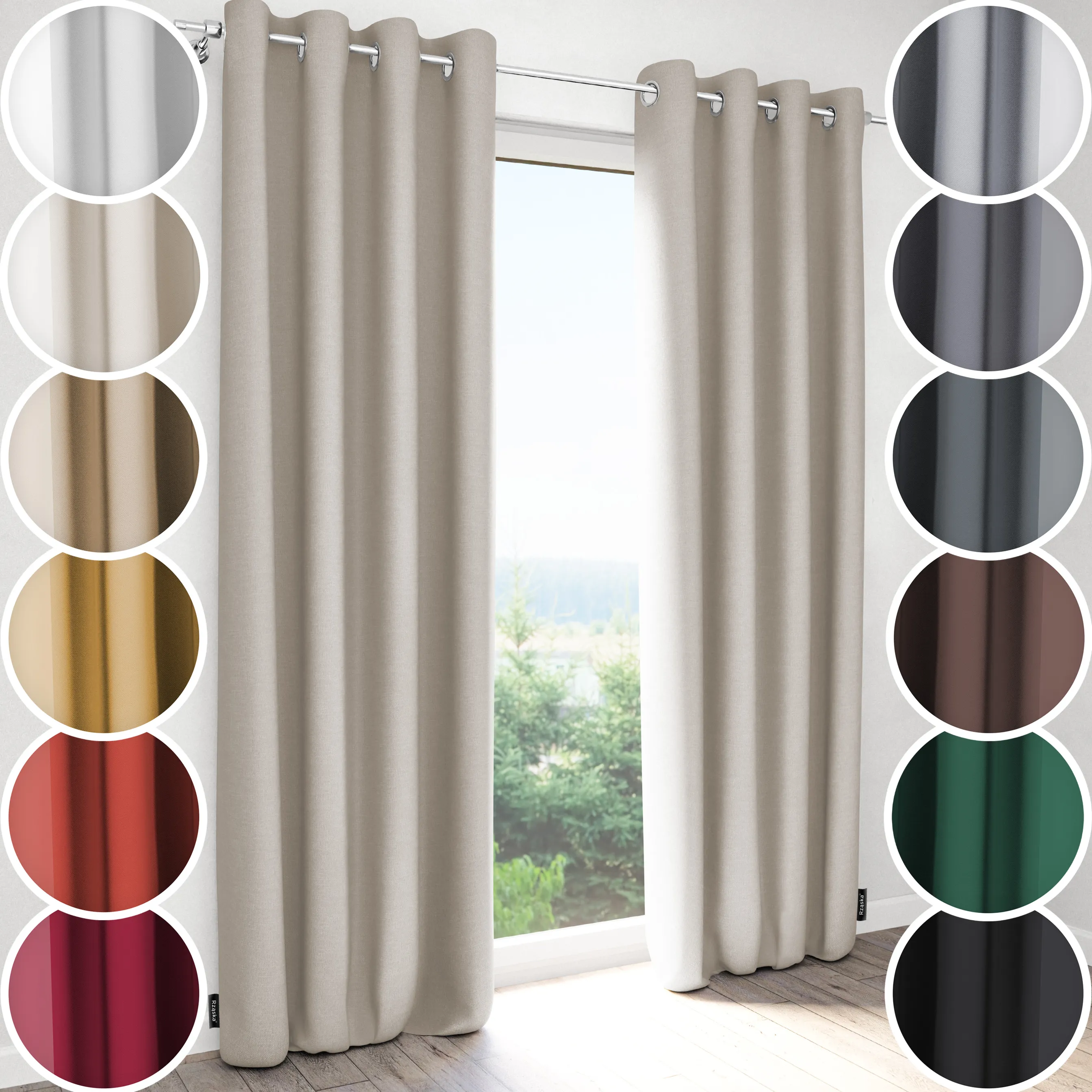 Zasłony zaciemniające Rząska® na przelotkach z kolekcji Century Black, łatwe w pielęgnacji, w kolorze Cactus Bloom, zielonym.