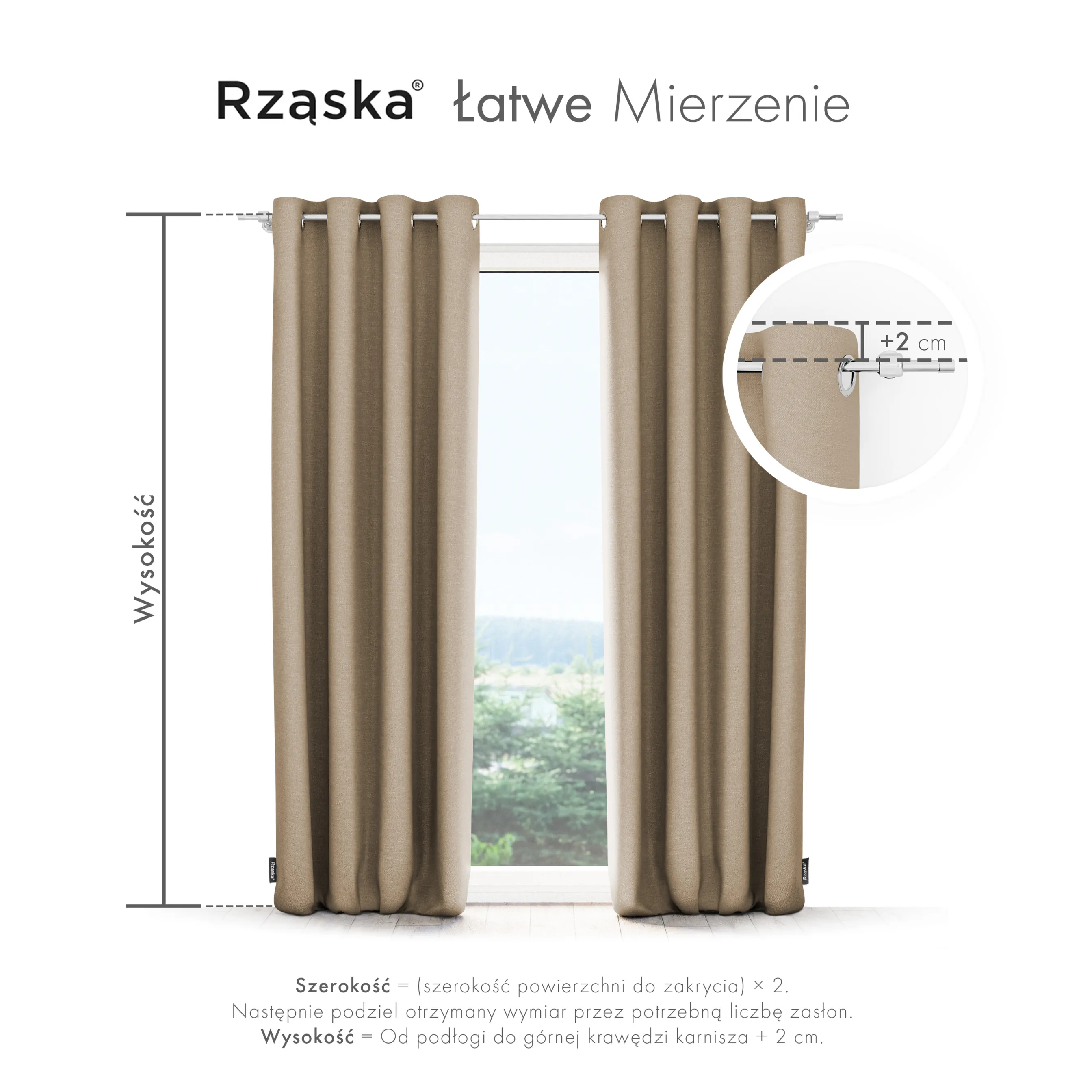 Zasłony zaciemniające Rząska® na przelotkach z kolekcji Century Black, łatwe w pielęgnacji, w kolorze Safari Trail, beżowym.