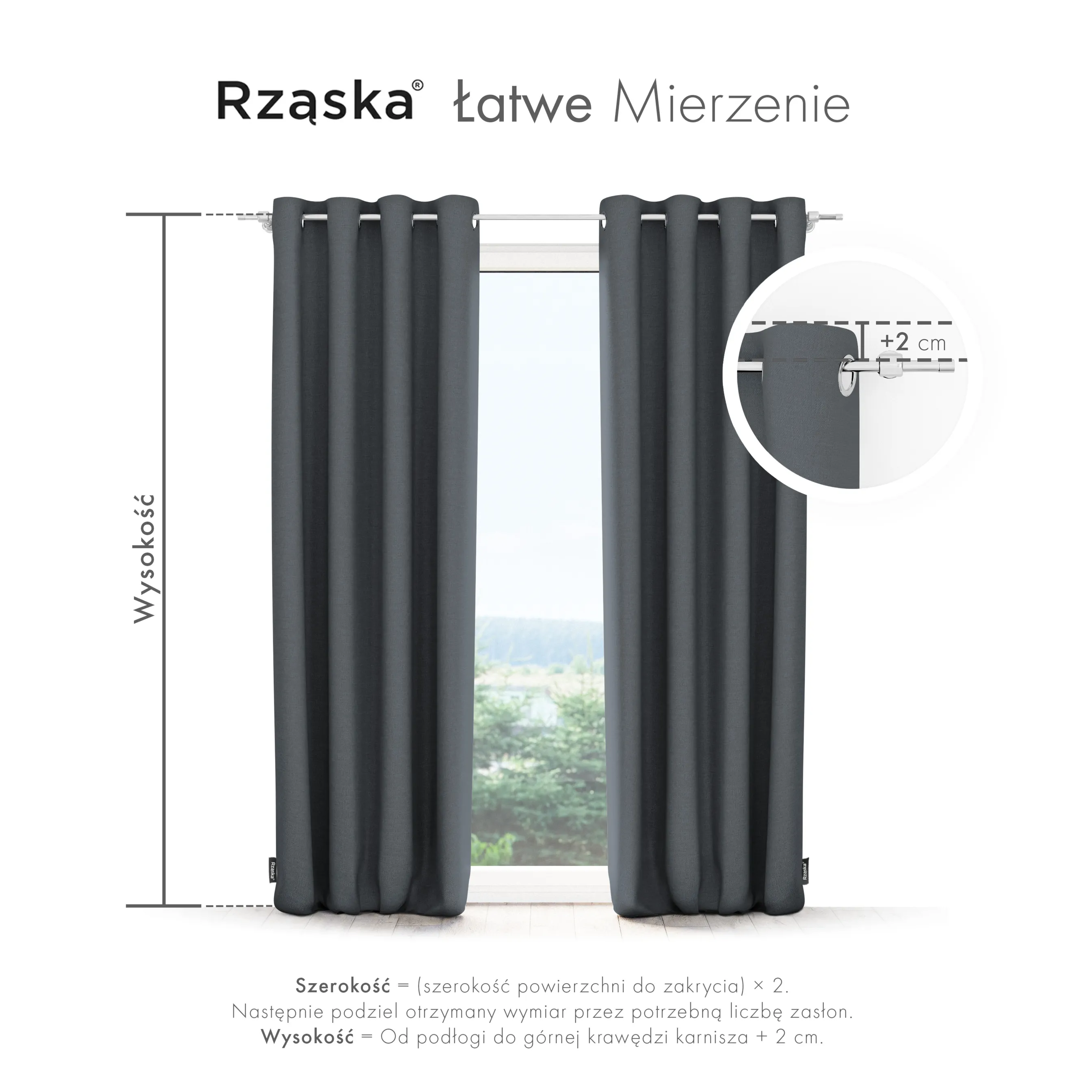 Zasłony zaciemniające Rząska® na przelotkach z kolekcji Century Black, łatwe w pielęgnacji, w kolorze Shadow Touch, szarym.