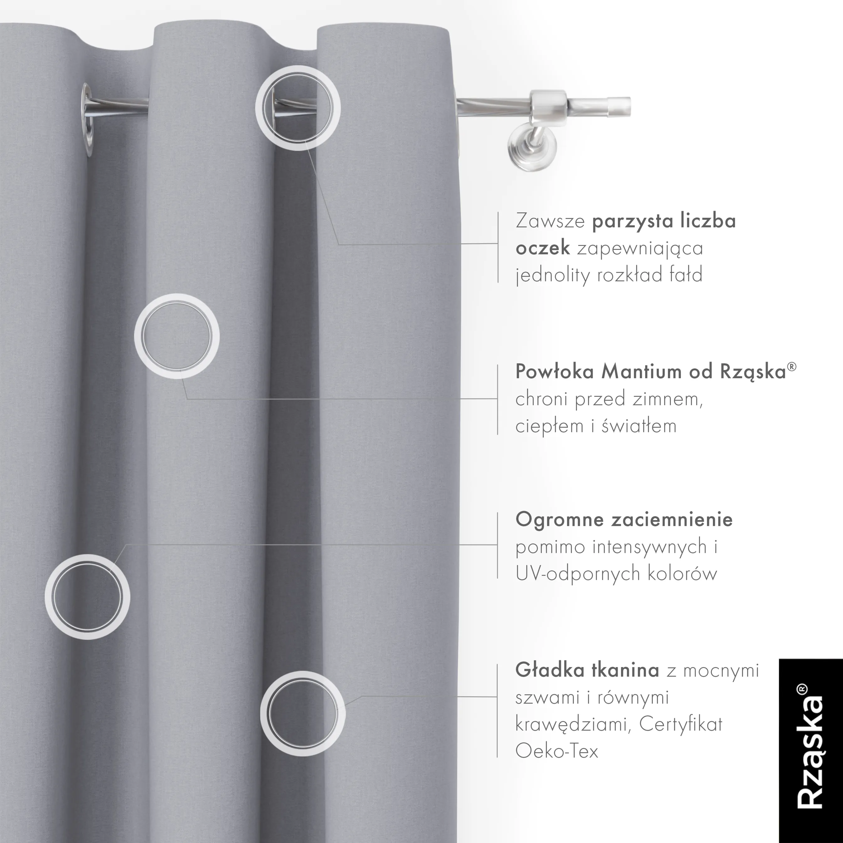 Zasłony zaciemniające Rząska® na przelotkach z kolekcji Century Black, łatwe w pielęgnacji, w kolorze Fine Platinum, szarym.