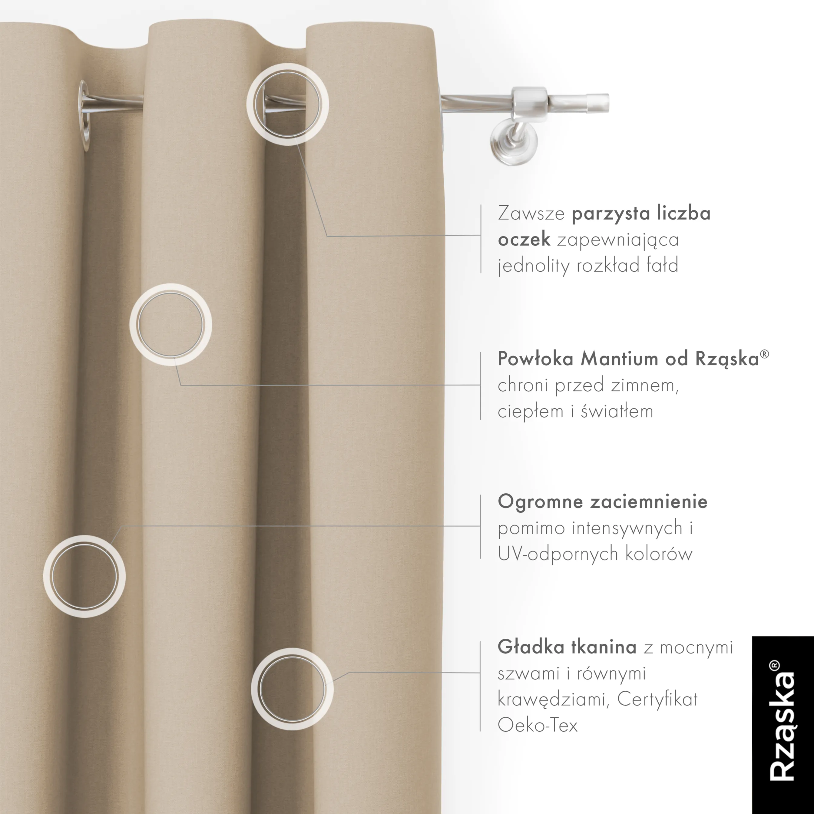 Zasłony zaciemniające Rząska® na przelotkach z kolekcji Century Black, łatwe w pielęgnacji, w kolorze Safari Trail, beżowym.