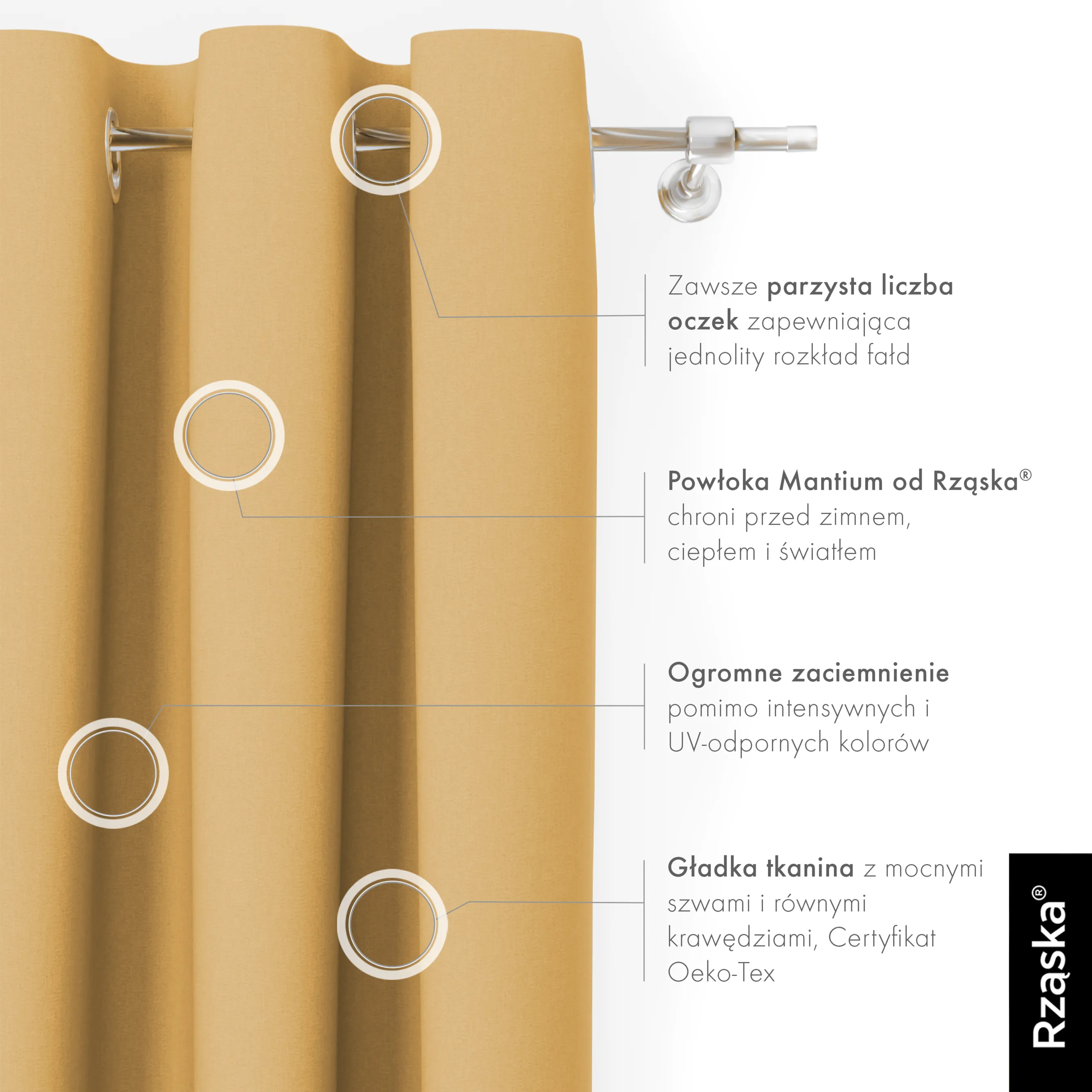 Zasłony zaciemniające Rząska® na przelotkach z kolekcji Century Black, łatwe w pielęgnacji, w kolorze Tuscan Sun, beżowym.