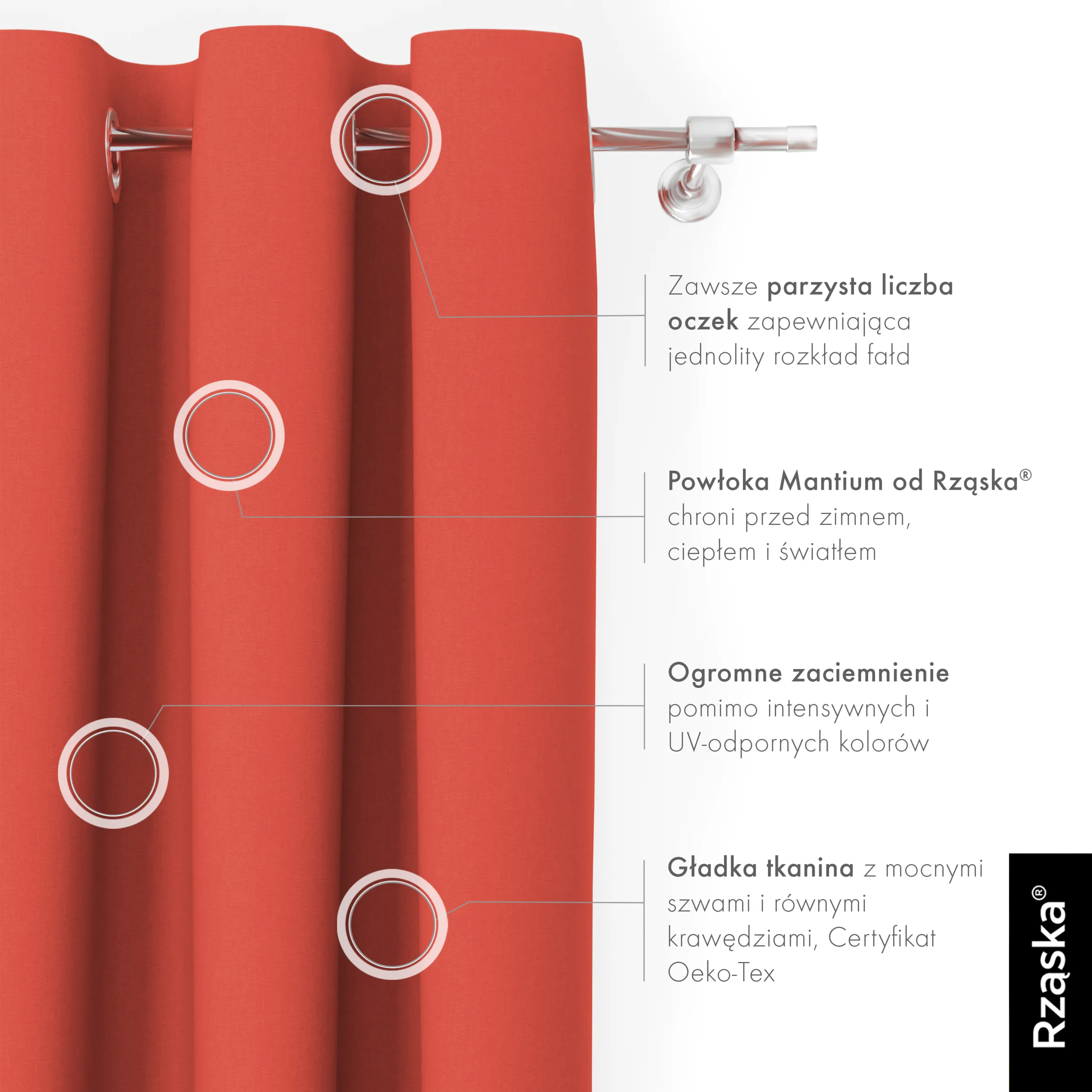 Zasłony zaciemniające Rząska® na przelotkach z kolekcji Century Black, łatwe w pielęgnacji, w kolorze Pumpkin Pie, pomarańczowym.