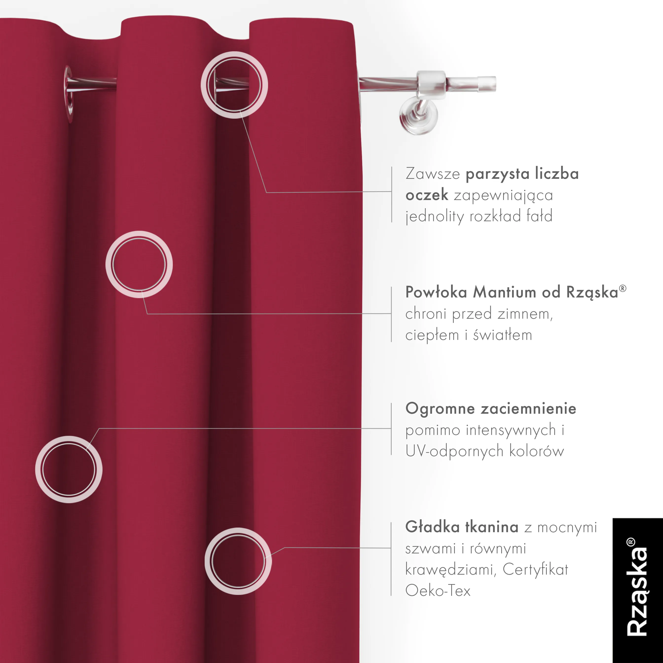 Zasłony zaciemniające Rząska® na przelotkach z kolekcji Century Black, łatwe w pielęgnacji, w kolorze Fire Dance, czerwonym.