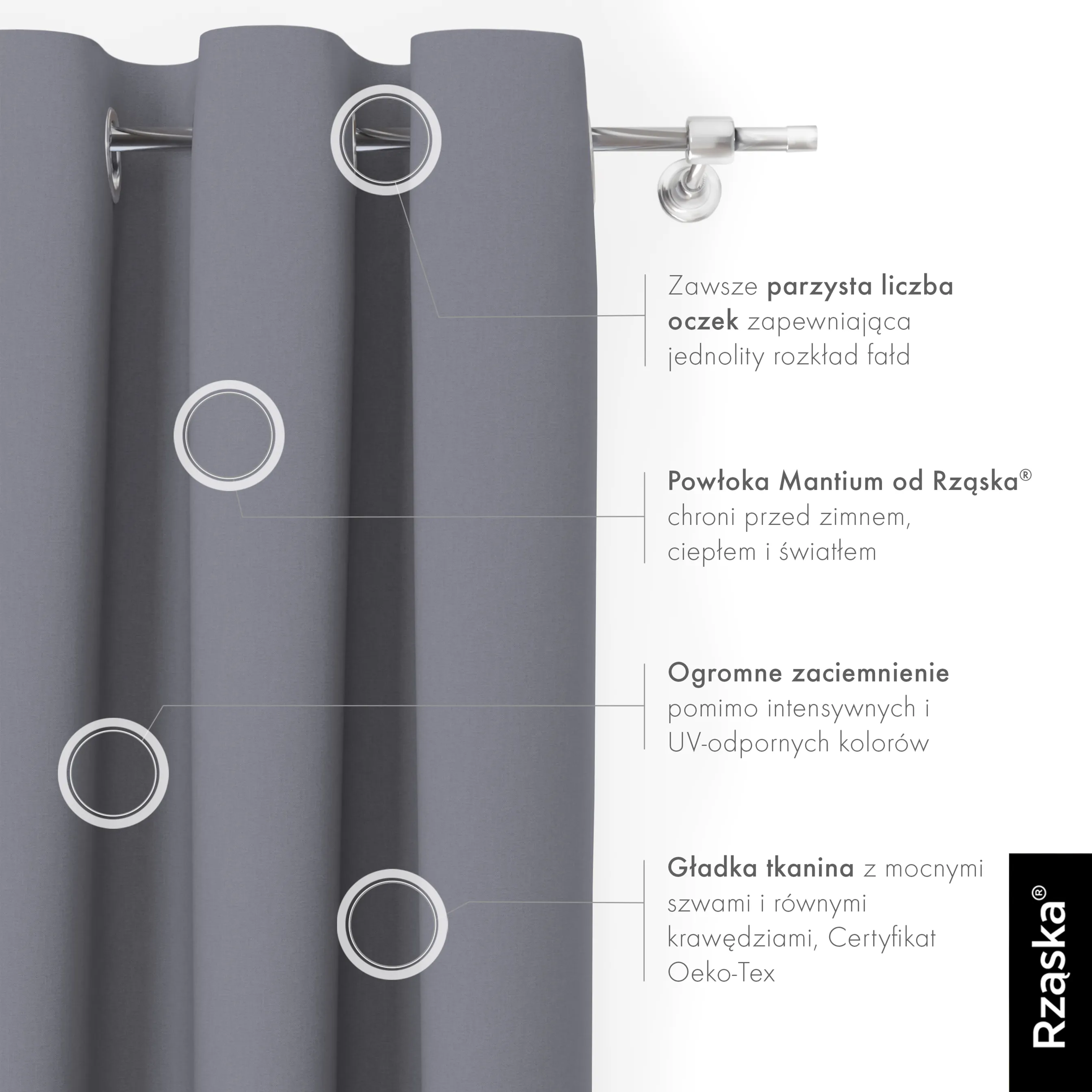 Zasłony zaciemniające Rząska® na przelotkach z kolekcji Century Black, łatwe w pielęgnacji, w kolorze Misty Harbor, szarym.