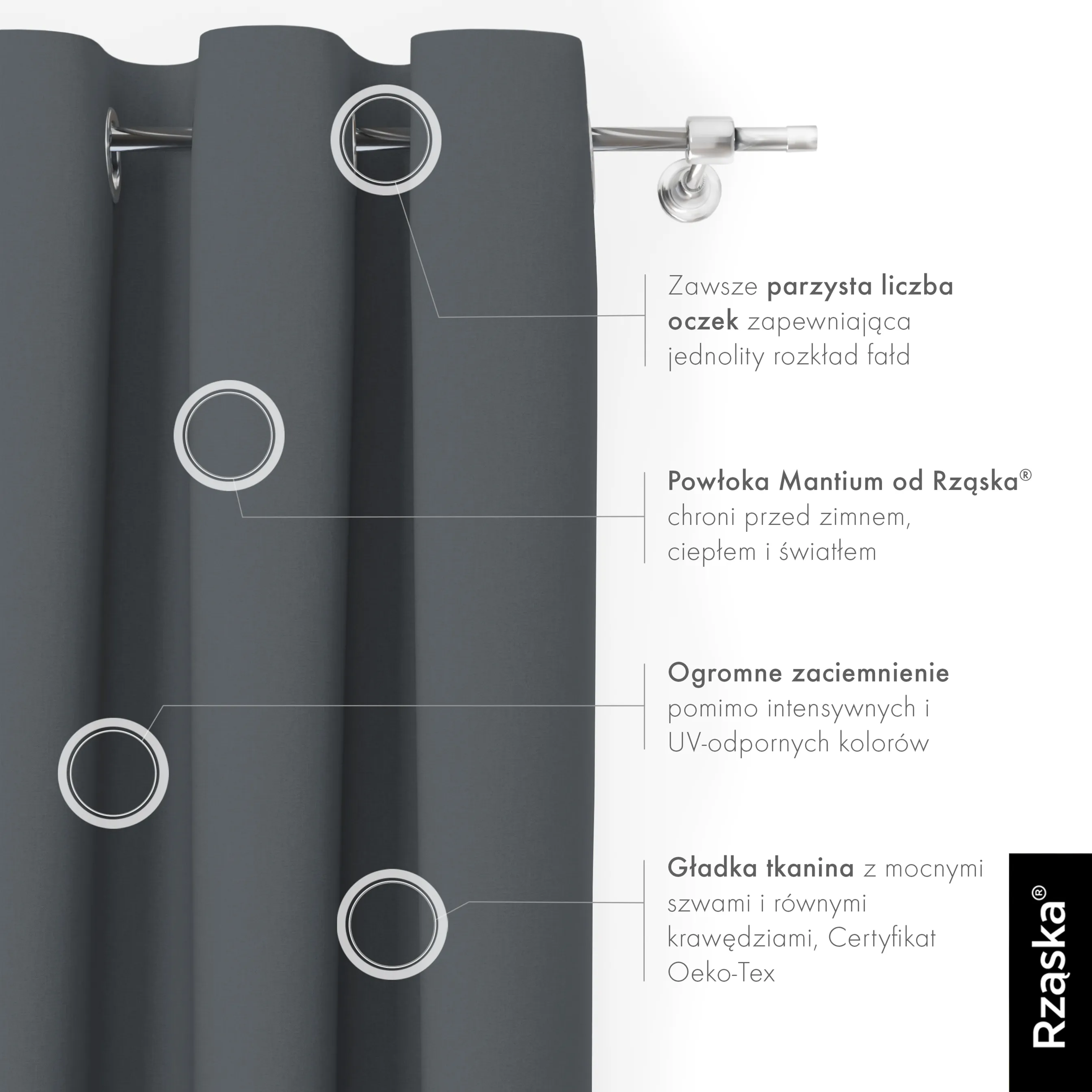 Zasłony zaciemniające Rząska® na przelotkach z kolekcji Century Black, łatwe w pielęgnacji, w kolorze Shadow Touch, szarym.