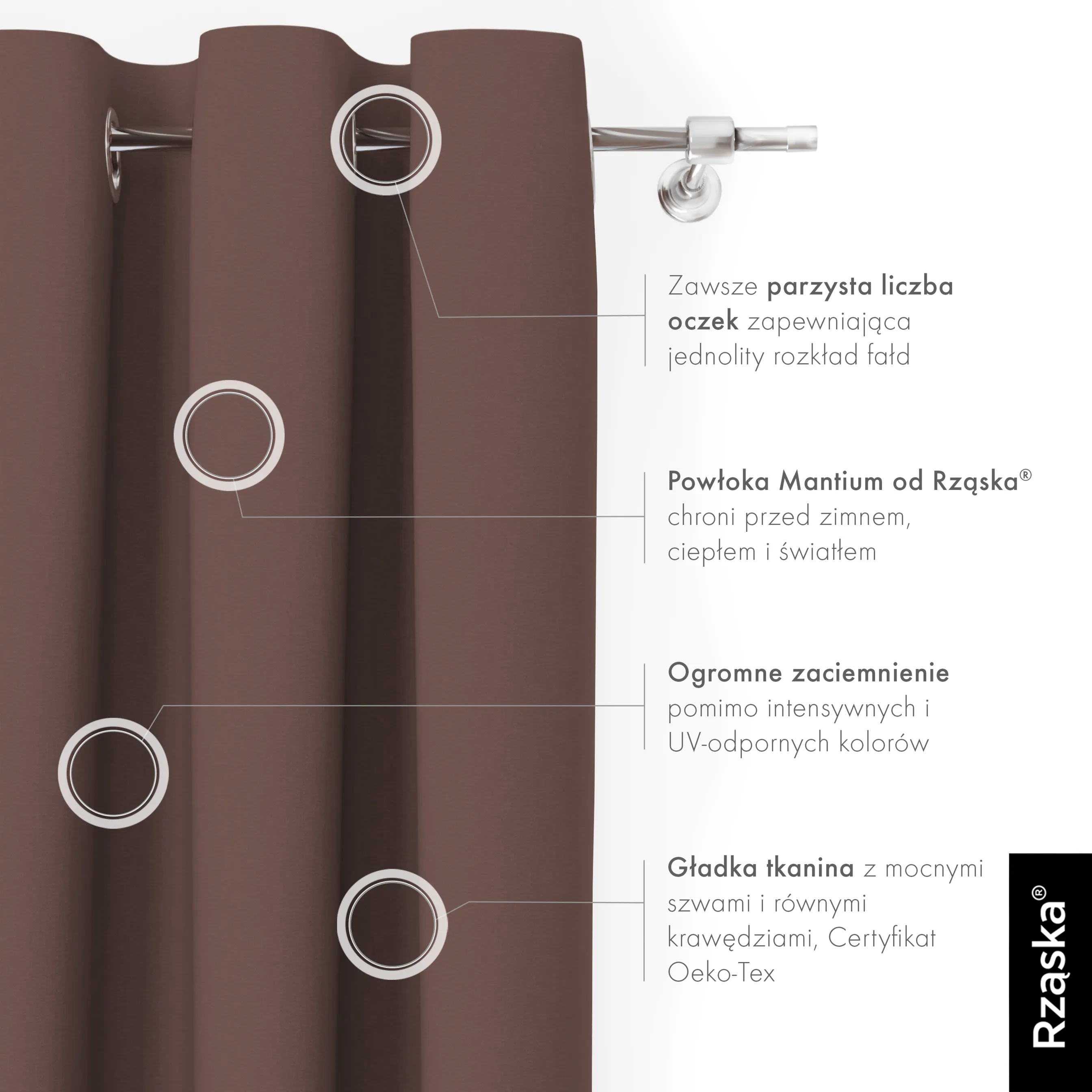 Zasłony zaciemniające Rząska® na przelotkach z kolekcji Century Black, łatwe w pielęgnacji, w kolorze Deep Walnut, brązowym.