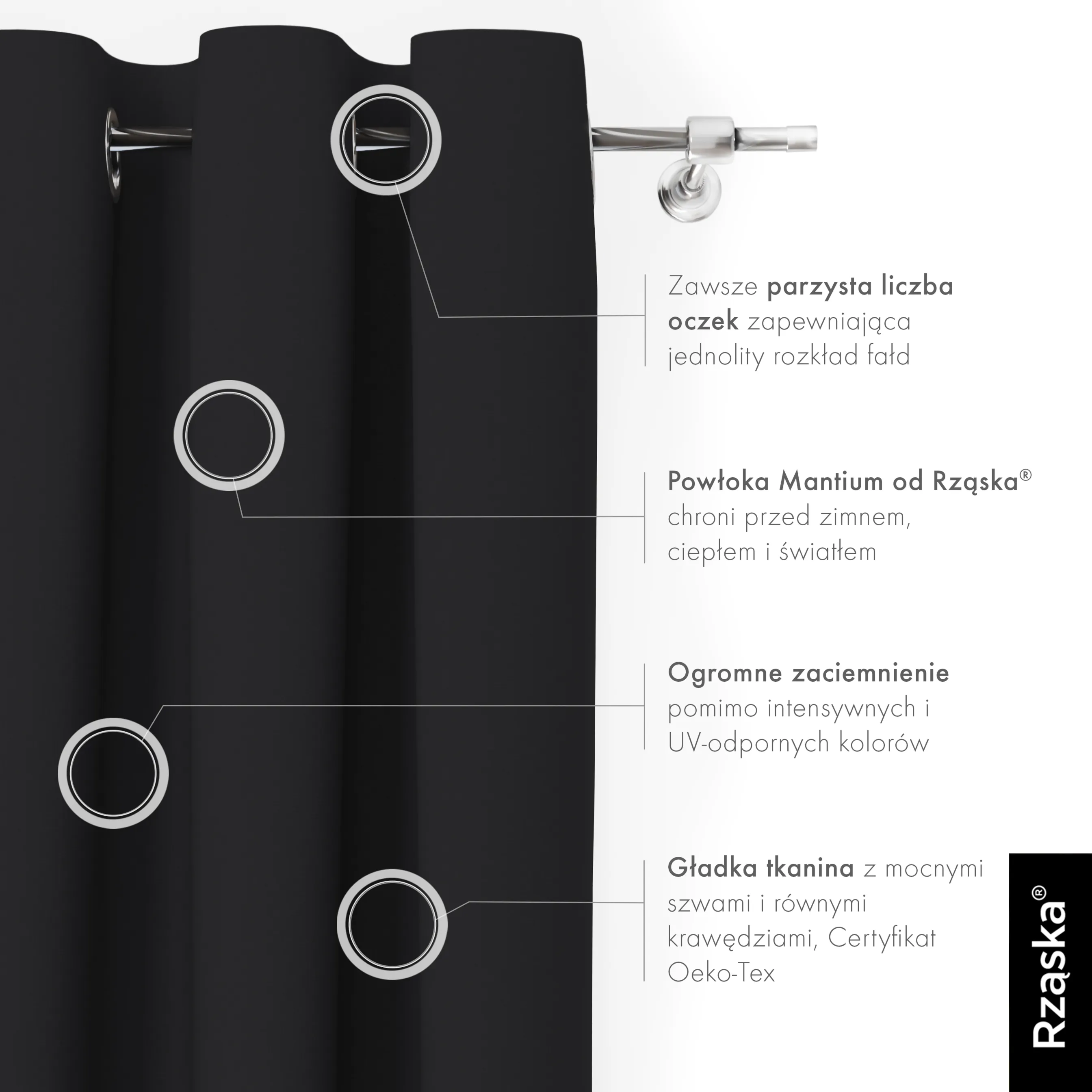 Zasłony zaciemniające Rząska® na przelotkach z kolekcji Century Black, łatwe w pielęgnacji, w kolorze Raven Feather, czarnym.