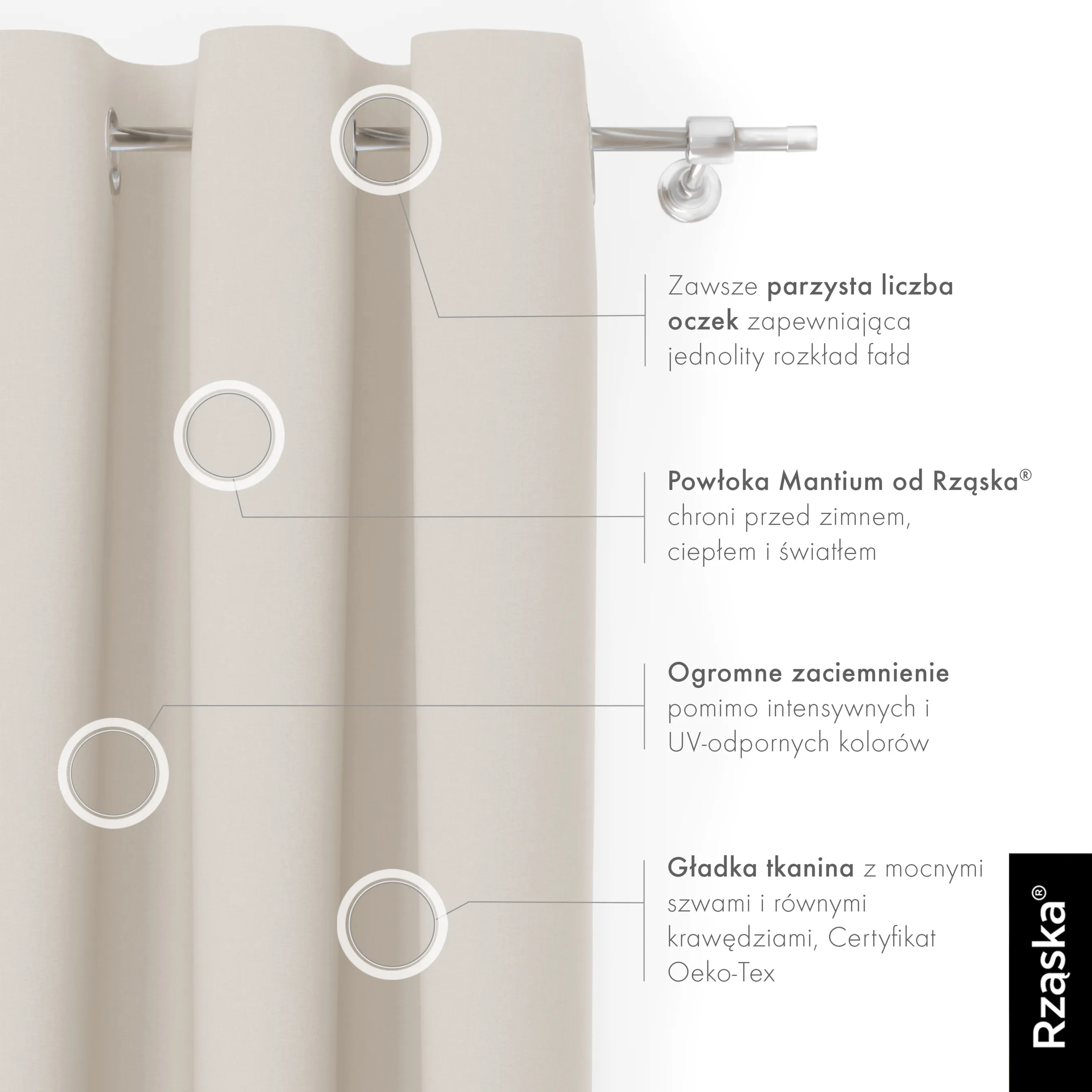 Zasłony zaciemniające Rząska® na przelotkach z kolekcji Century Black, łatwe w pielęgnacji, w kolorze Almond Milk, beżowym.