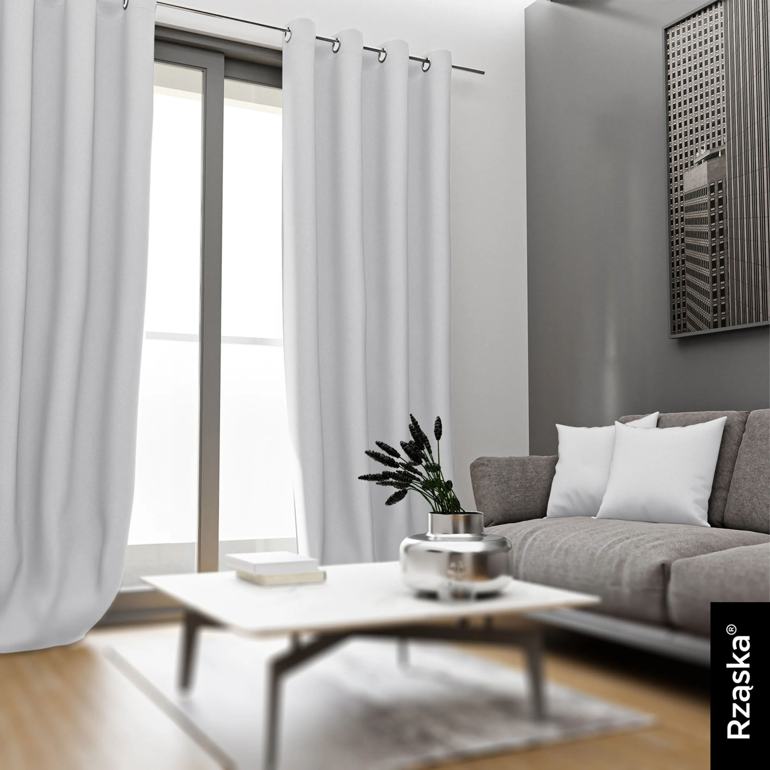 Zasłony zaciemniające Rząska® na przelotkach z kolekcji Century Black, łatwe w pielęgnacji, w kolorze Misty White, biało-szarym.