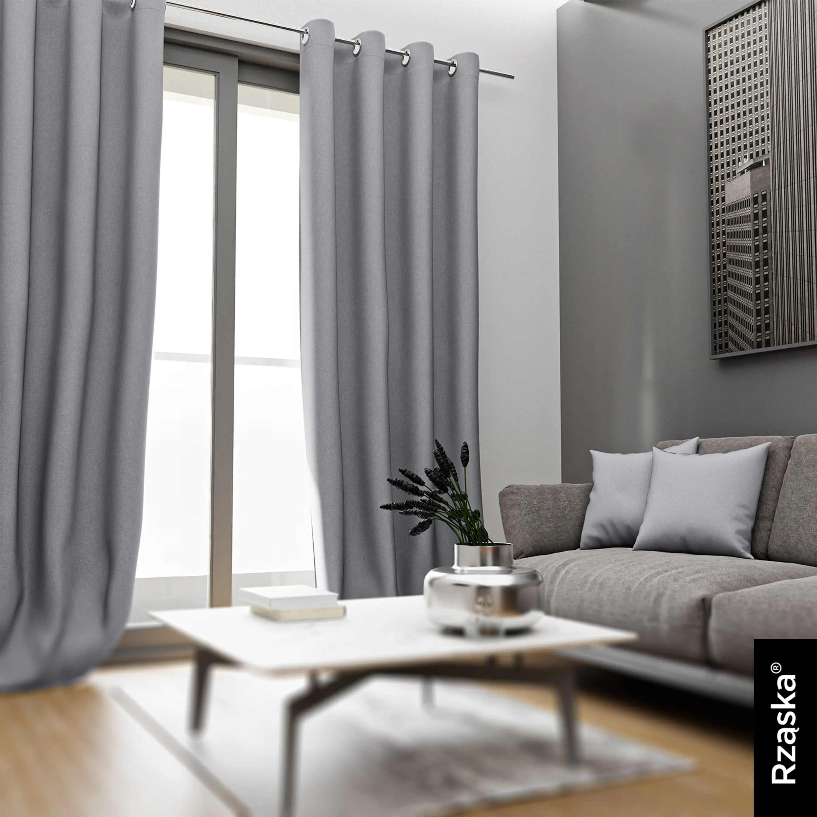 Zasłony zaciemniające Rząska® na przelotkach z kolekcji Century Black, łatwe w pielęgnacji, w kolorze Fine Platinum, szarym.