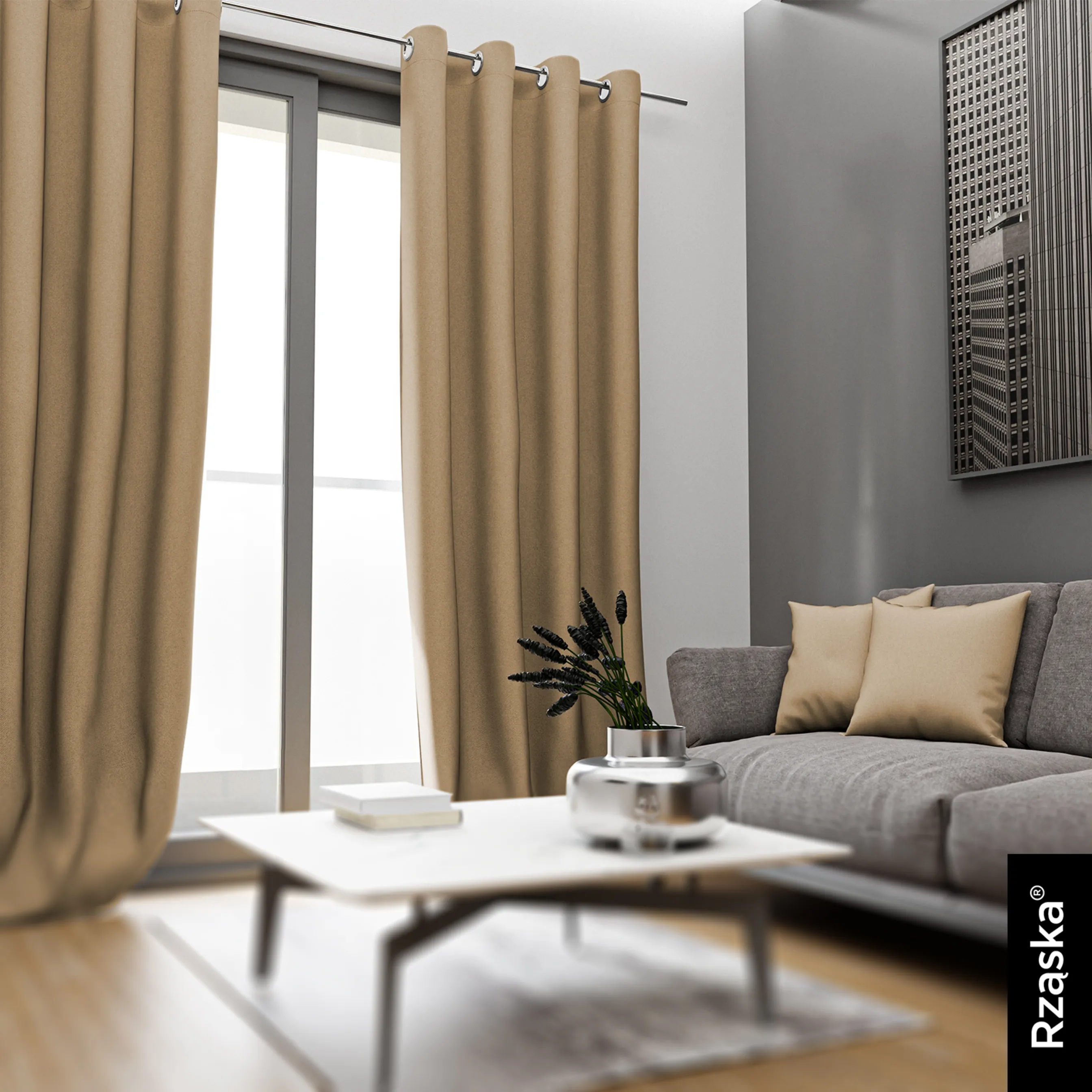 Zasłony zaciemniające Rząska® na przelotkach z kolekcji Century Black, łatwe w pielęgnacji, w kolorze Safari Trail, beżowym.