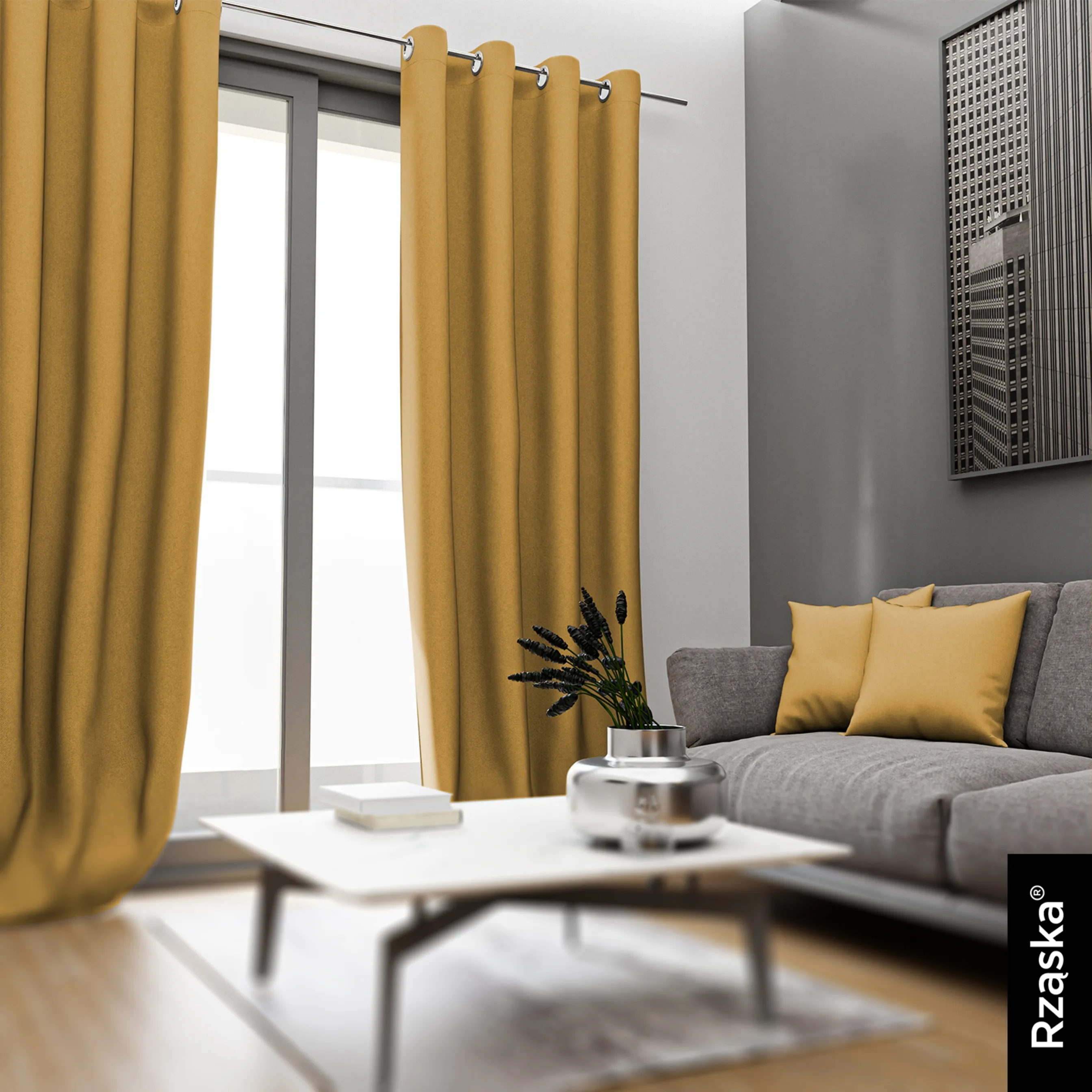 Zasłony zaciemniające Rząska® na przelotkach z kolekcji Century Black, łatwe w pielęgnacji, w kolorze Tuscan Sun, beżowym.