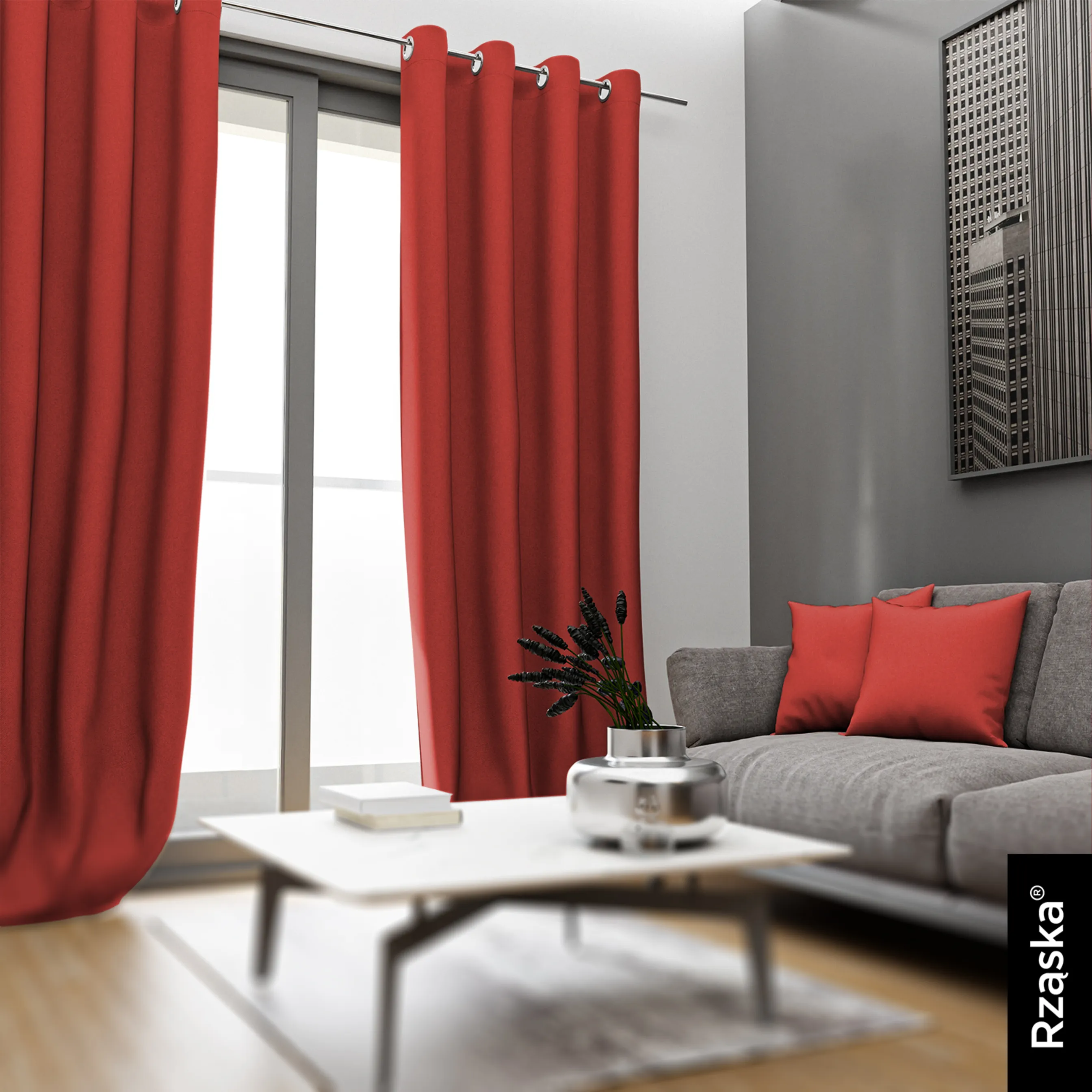 Zasłony zaciemniające Rząska® na przelotkach z kolekcji Century Black, łatwe w pielęgnacji, w kolorze Pumpkin Pie, pomarańczowym.