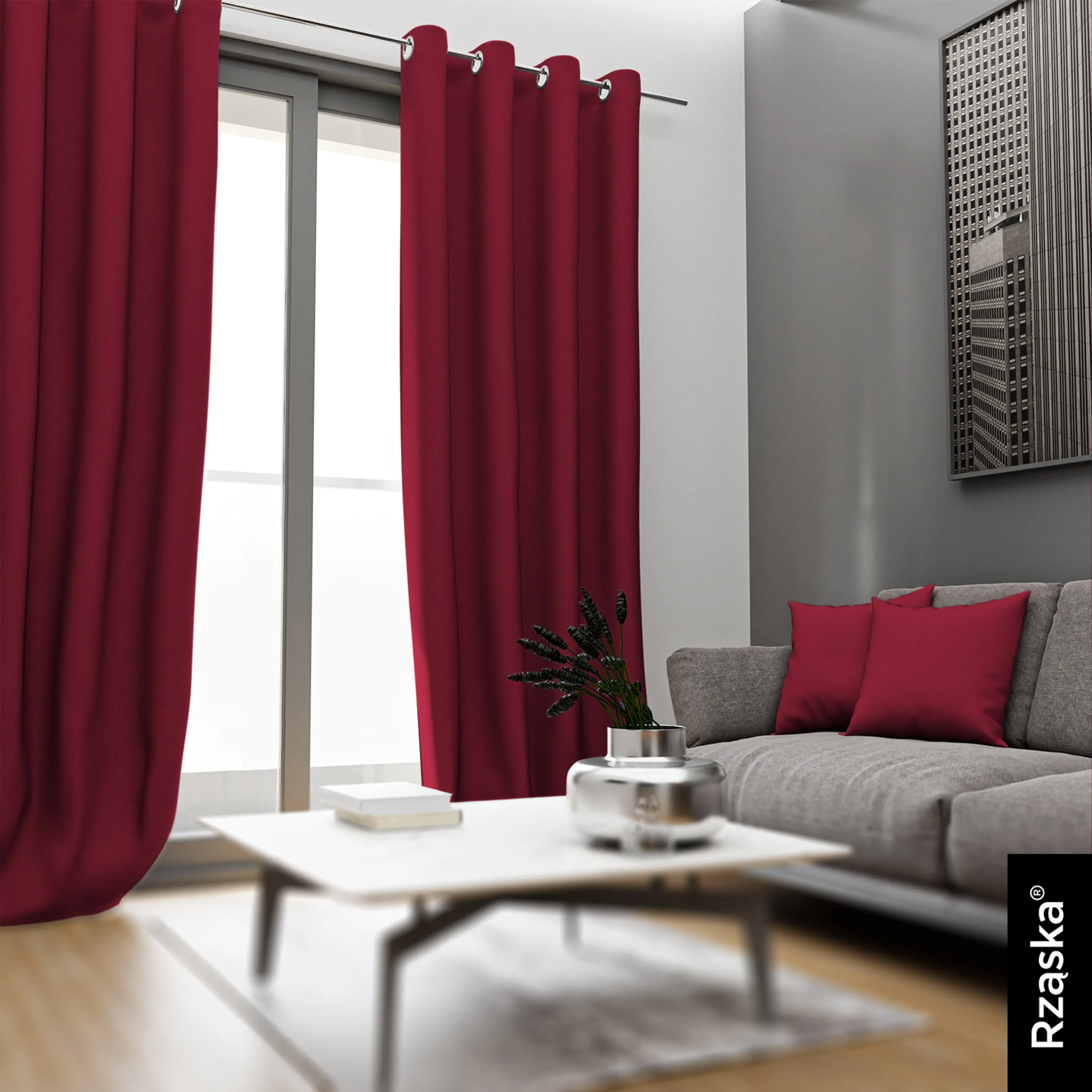 Zasłony zaciemniające Rząska® na przelotkach z kolekcji Century Black, łatwe w pielęgnacji, w kolorze Fire Dance, czerwonym.