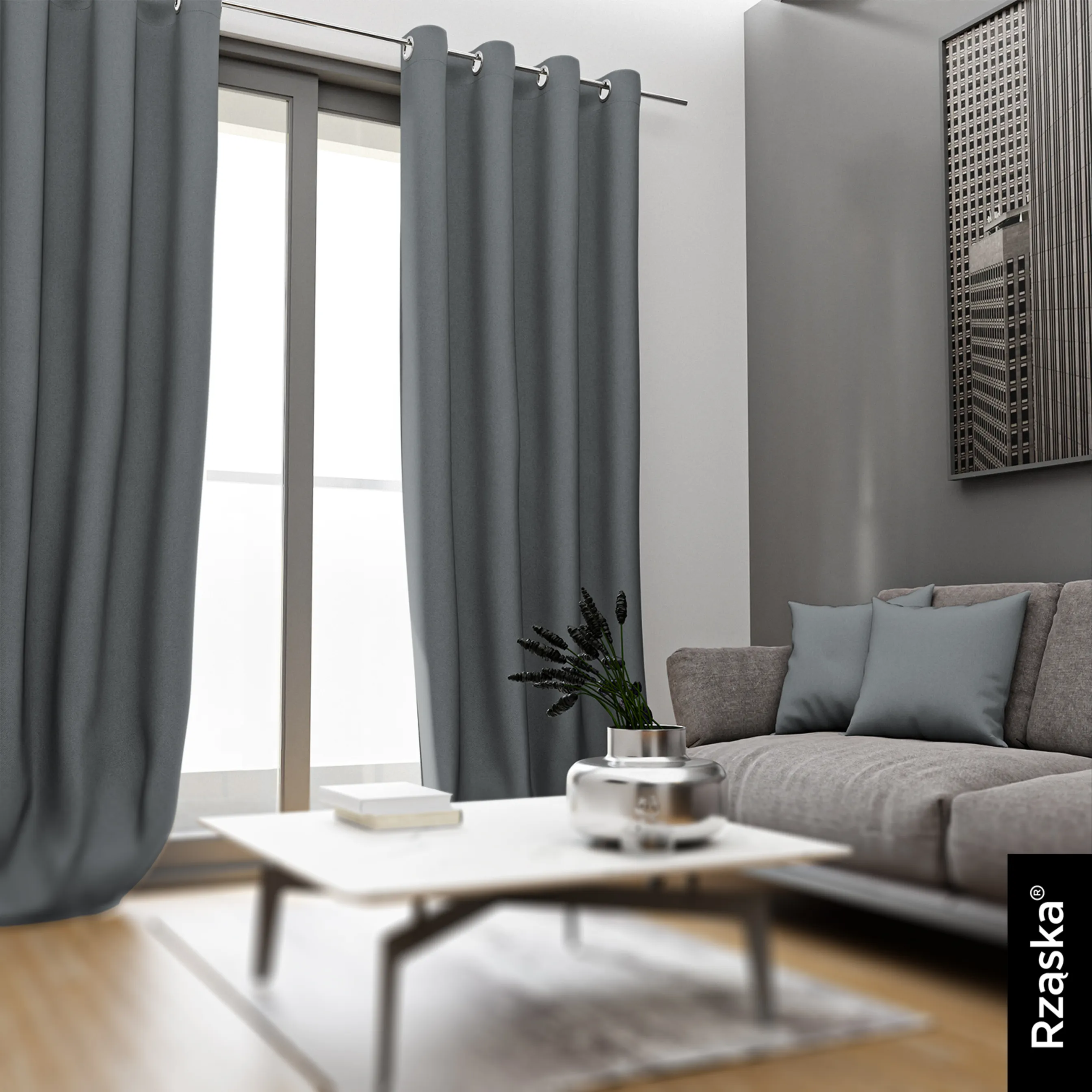 Zasłony zaciemniające Rząska® na przelotkach z kolekcji Century Black, łatwe w pielęgnacji, w kolorze Misty Harbor, szarym.