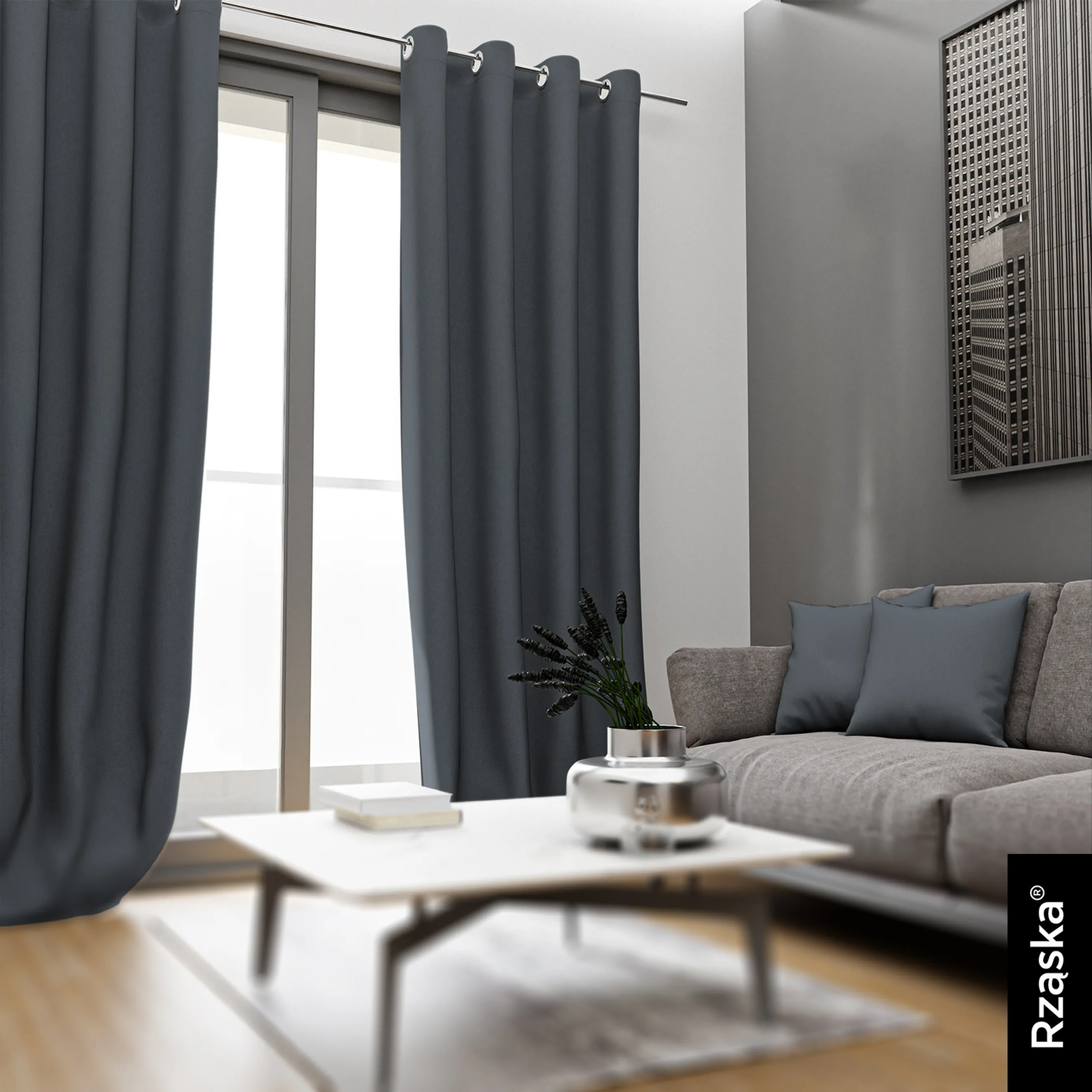 Zasłony zaciemniające Rząska® na przelotkach z kolekcji Century Black, łatwe w pielęgnacji, w kolorze Shadow Touch, szarym.