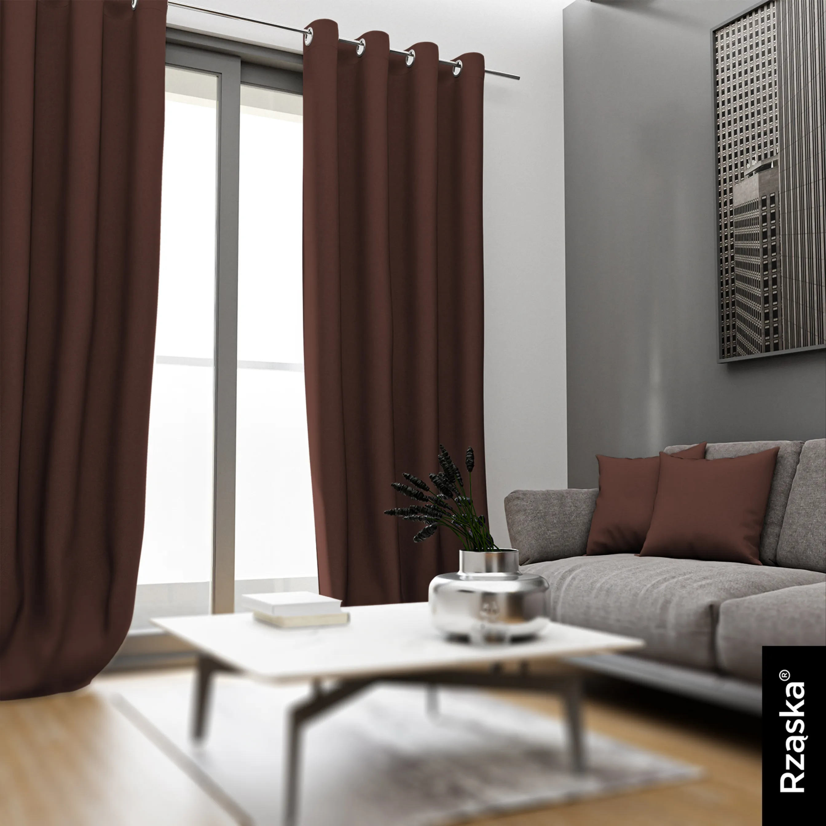 Zasłony zaciemniające Rząska® na przelotkach z kolekcji Century Black, łatwe w pielęgnacji, w kolorze Deep Walnut, brązowym.