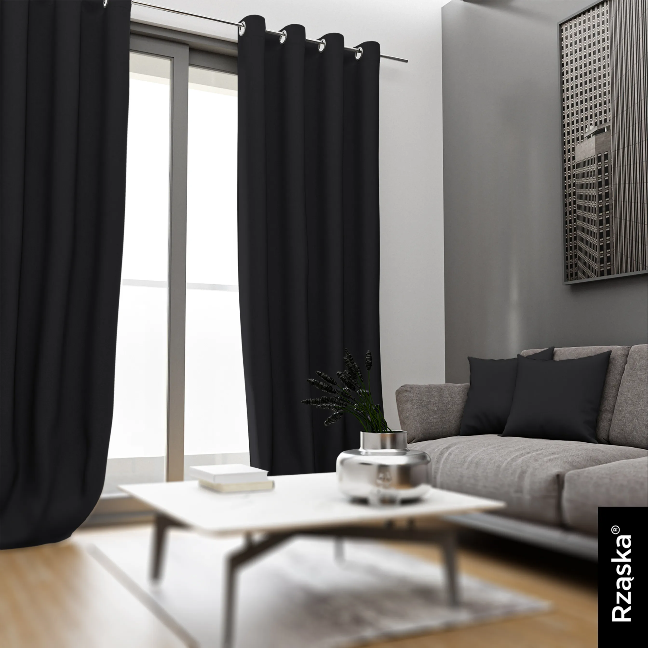 Zasłony zaciemniające Rząska® na przelotkach z kolekcji Century Black, łatwe w pielęgnacji, w kolorze Raven Feather, czarnym.