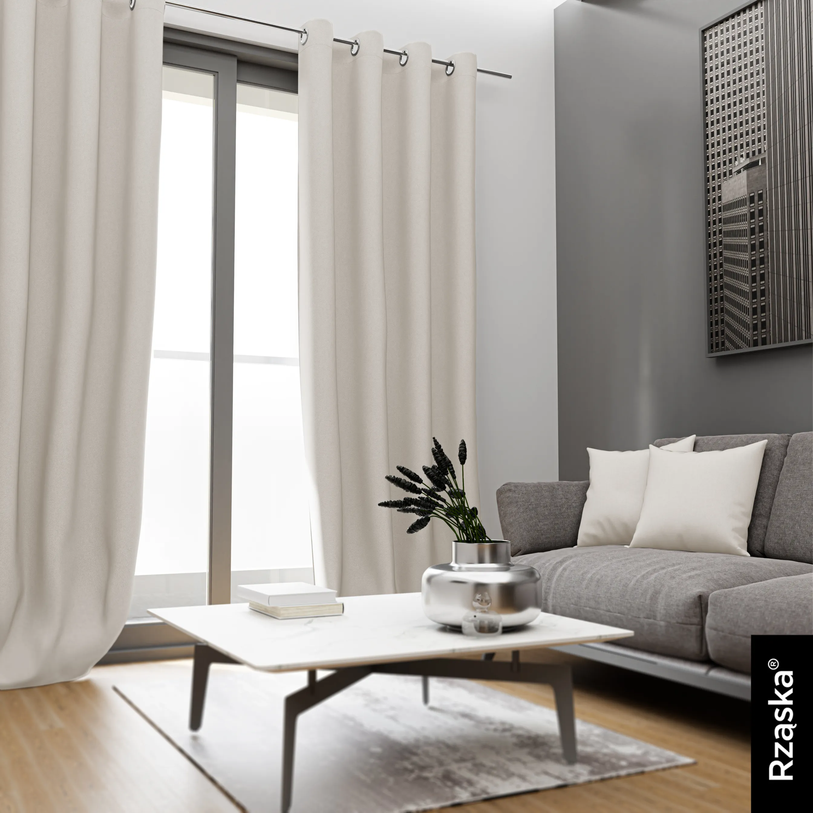 Zasłony zaciemniające Rząska® na przelotkach z kolekcji Century Black, łatwe w pielęgnacji, w kolorze Almond Milk, beżowym.