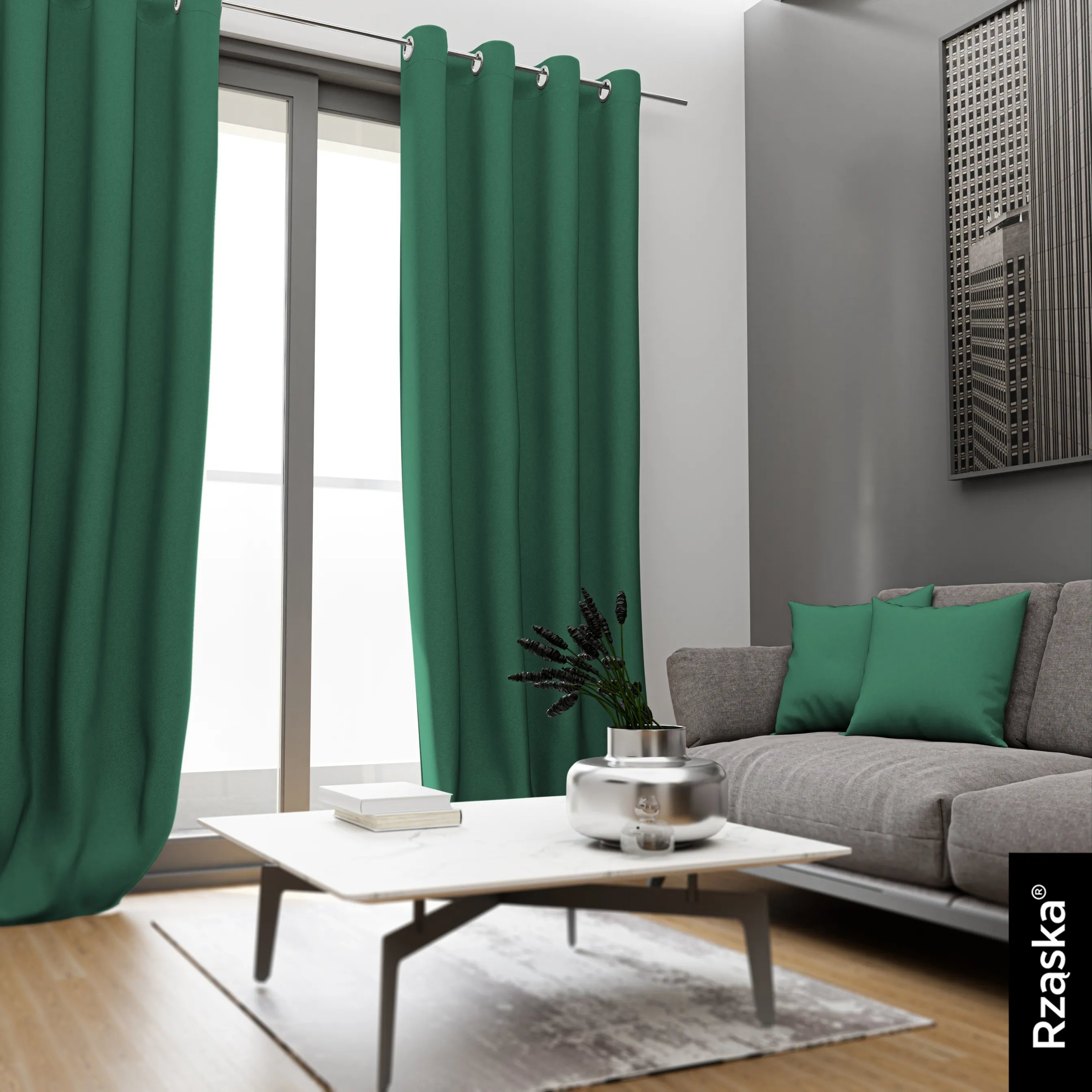 Zasłony zaciemniające Rząska® na przelotkach z kolekcji Century Black, łatwe w pielęgnacji, w kolorze Cactus Bloom, zielonym.