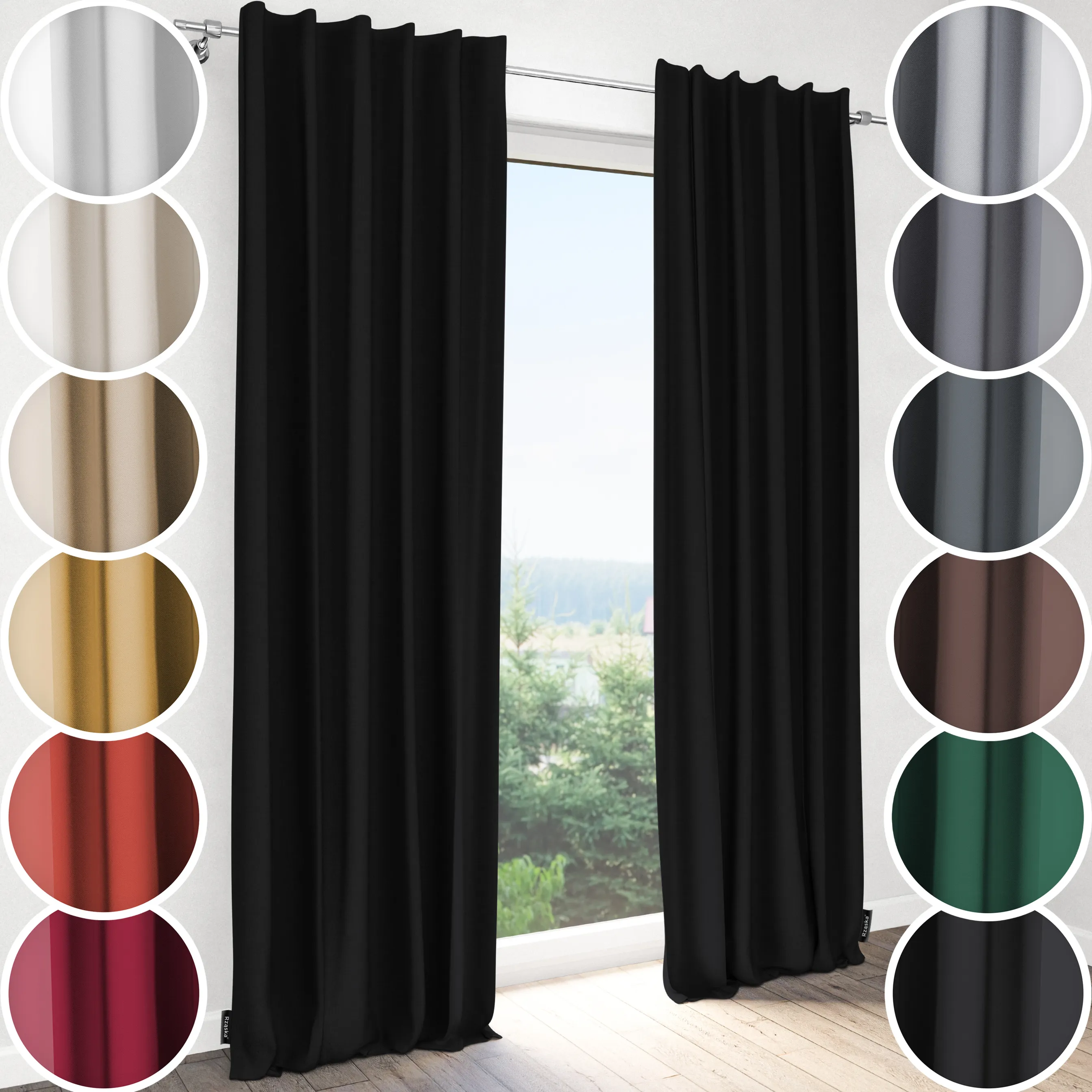 Zasłony zaciemniające Rząska® na taśmie z kolekcji Century Black, łatwe w pielęgnacji, w kolorze Raven Feather, czarnym.