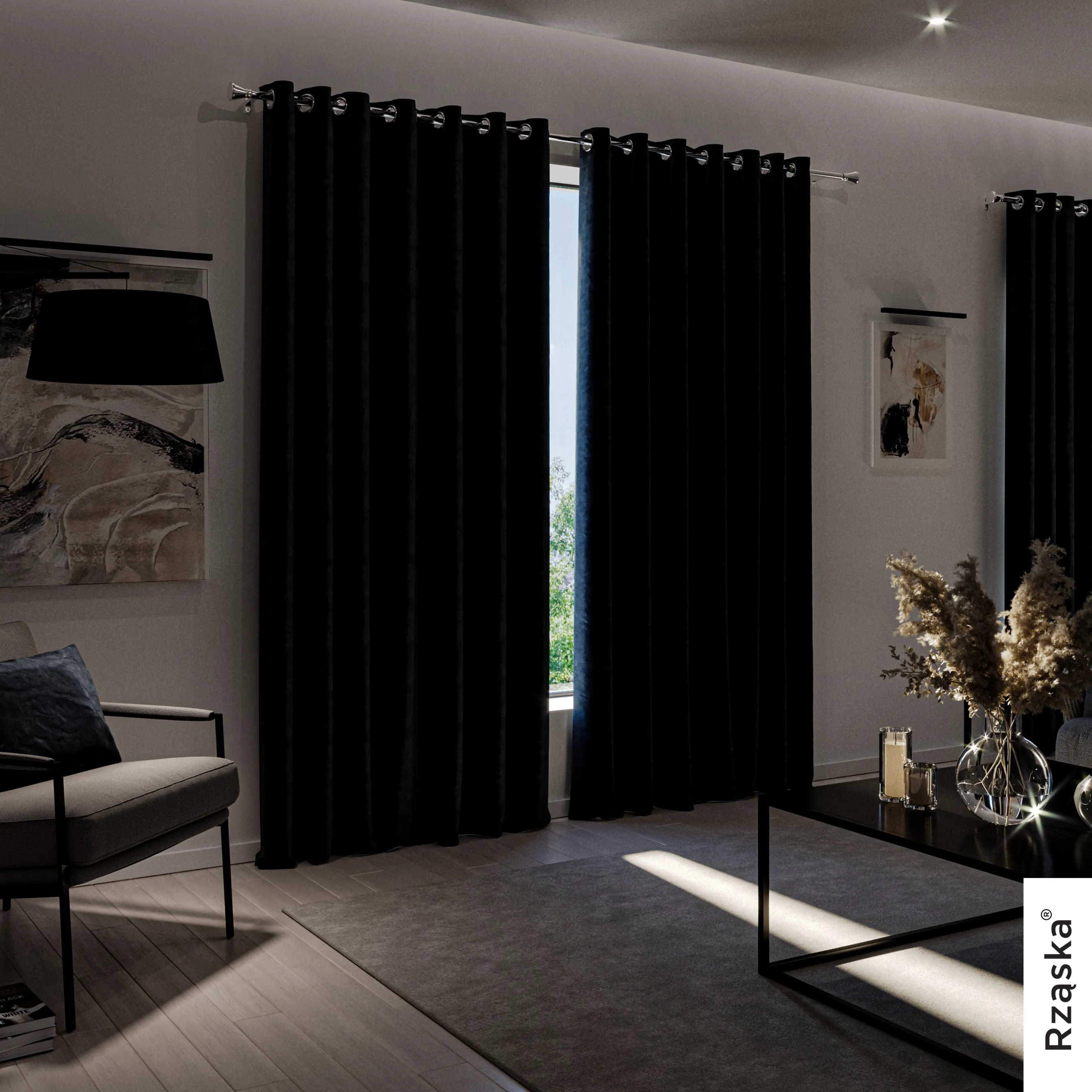 Zasłony zaciemniające Rząska® na przelotkach z kolekcji Millenium Velvet, 1 sztuka szyta na wymiar w kolorze Dark Forest, ciemnoniebieskim.