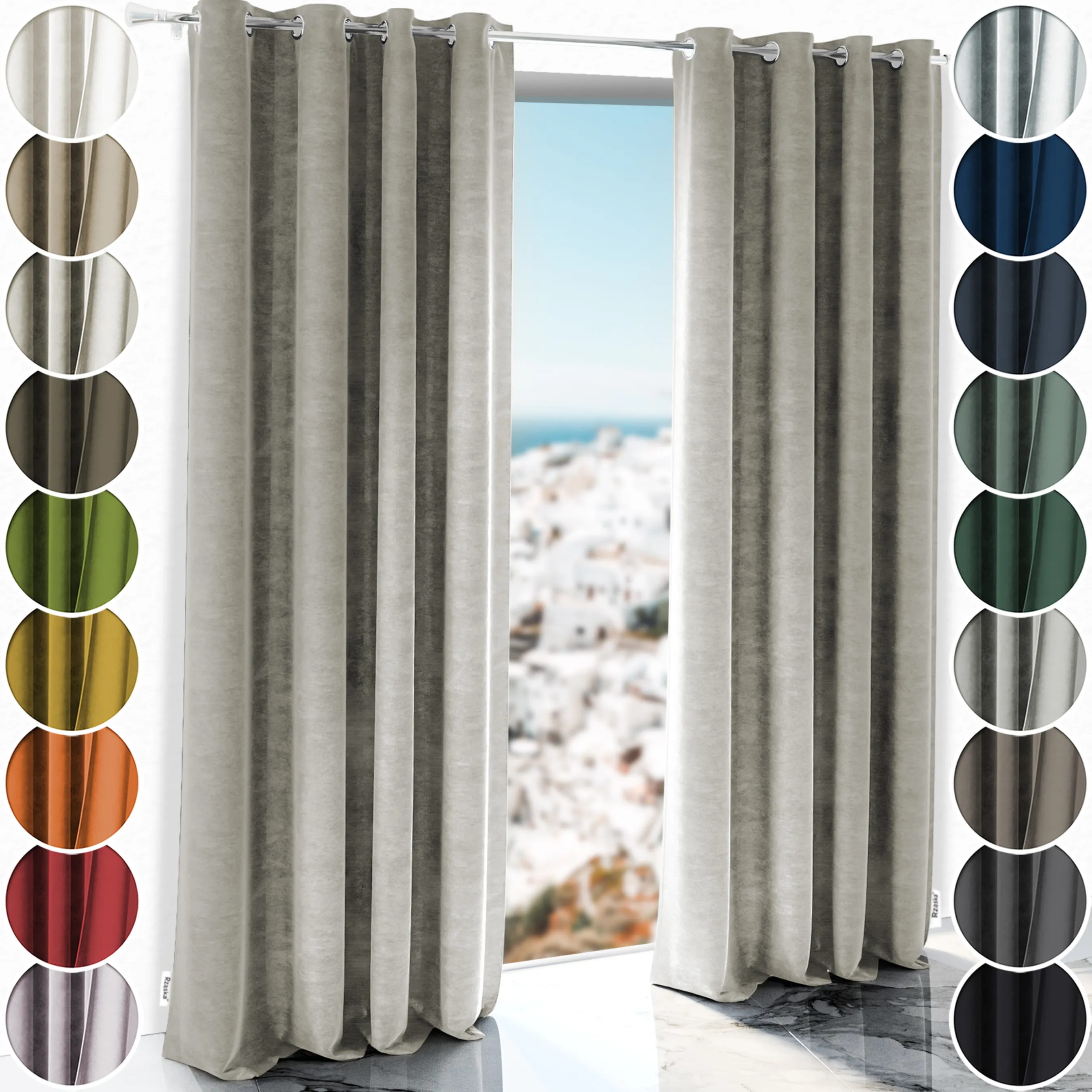 Zasłony zaciemniające Rząska® na przelotkach z kolekcji Millenium Velvet, 1 sztuka szyta na wymiar w kolorze Grey Goose, beżowym.