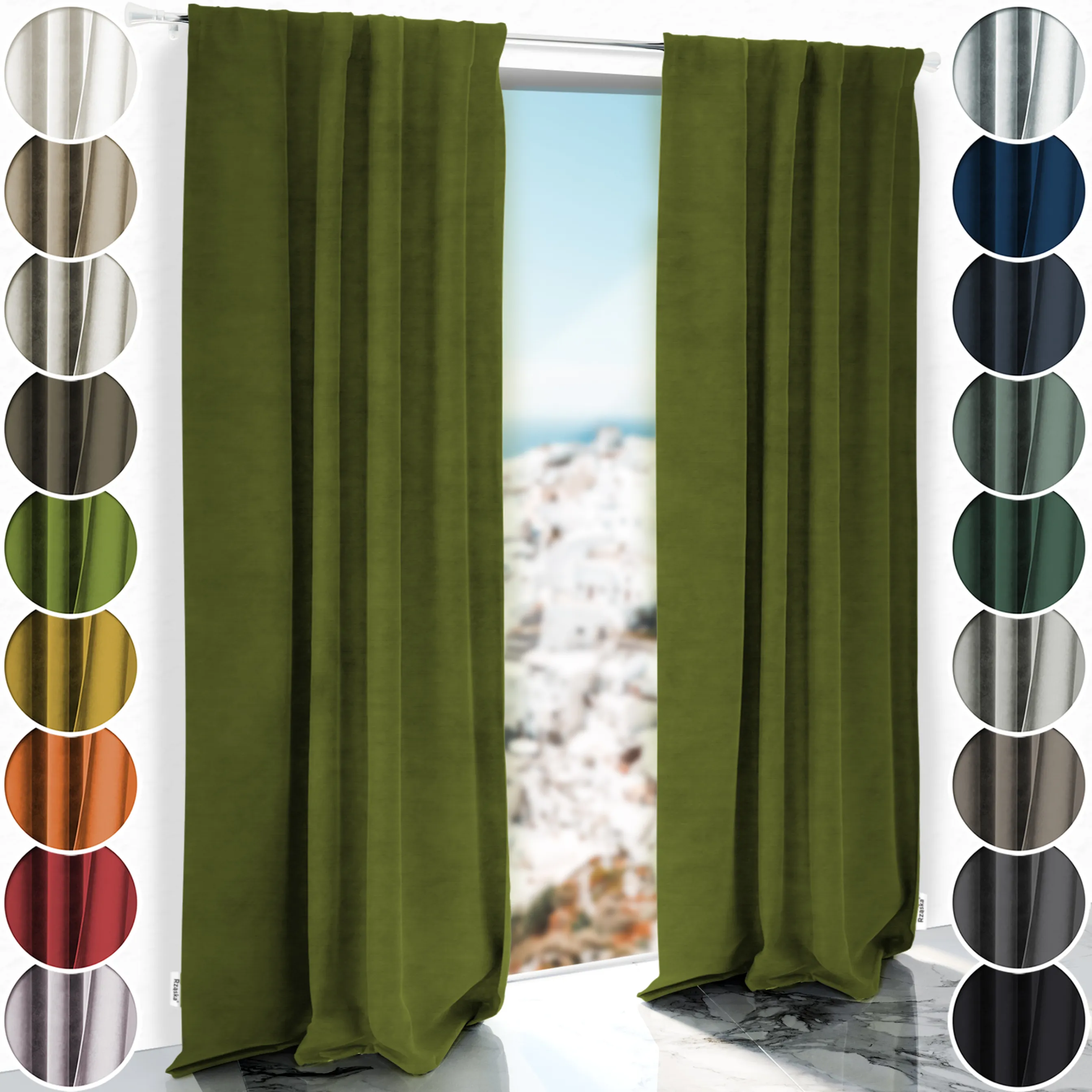 Zasłony zaciemniające Rząska® na taśmie z kolekcji Millenium Velvet, 1 sztuka szyta na wymiar w kolorze Olives Garden zielonym.