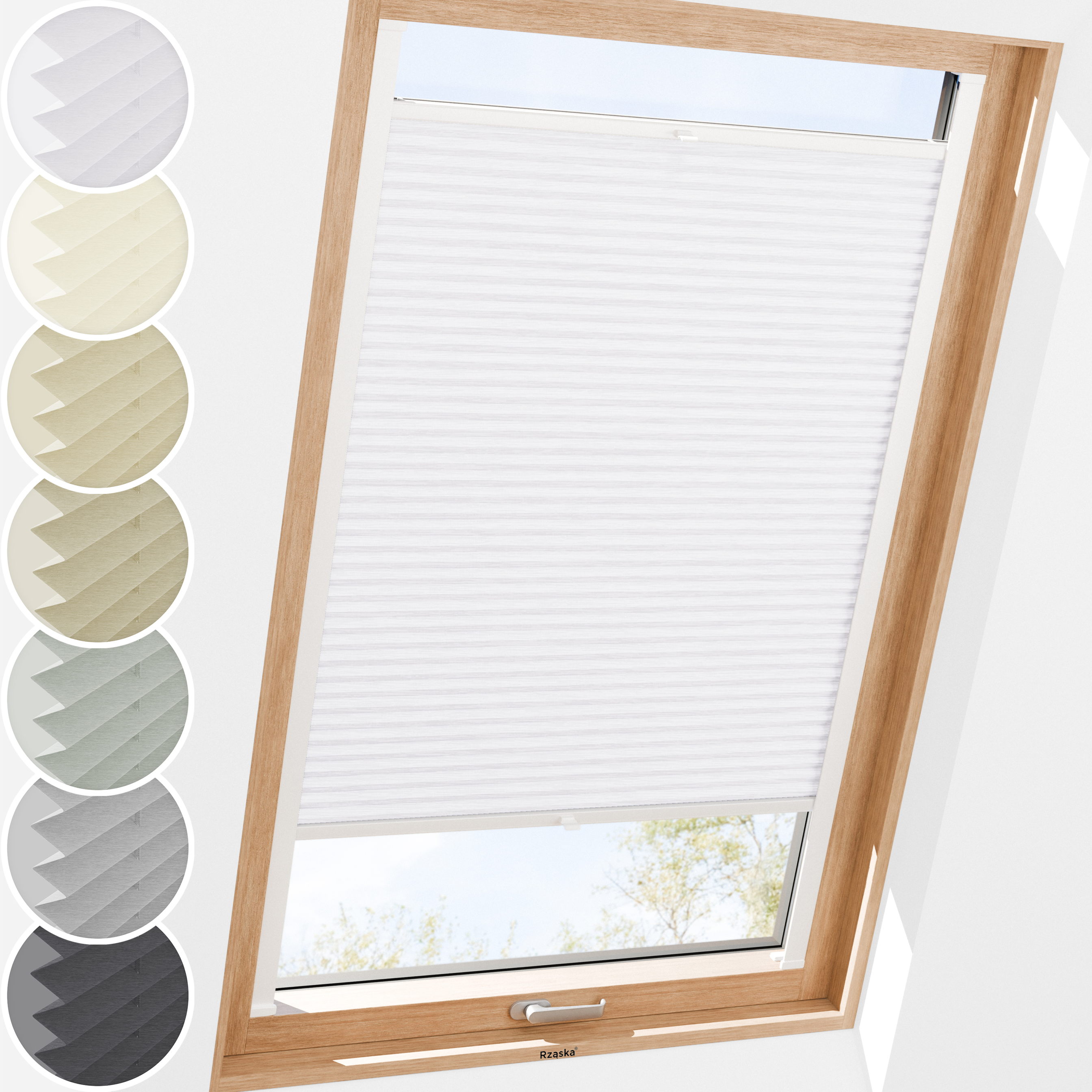 Plisa Rząska® na okno dachowe na wymiar, uchwyty Risinfix do przykręcania, kolekcja Dolomite w kolorze Zimny poranek, szarym z profilem brązowym.