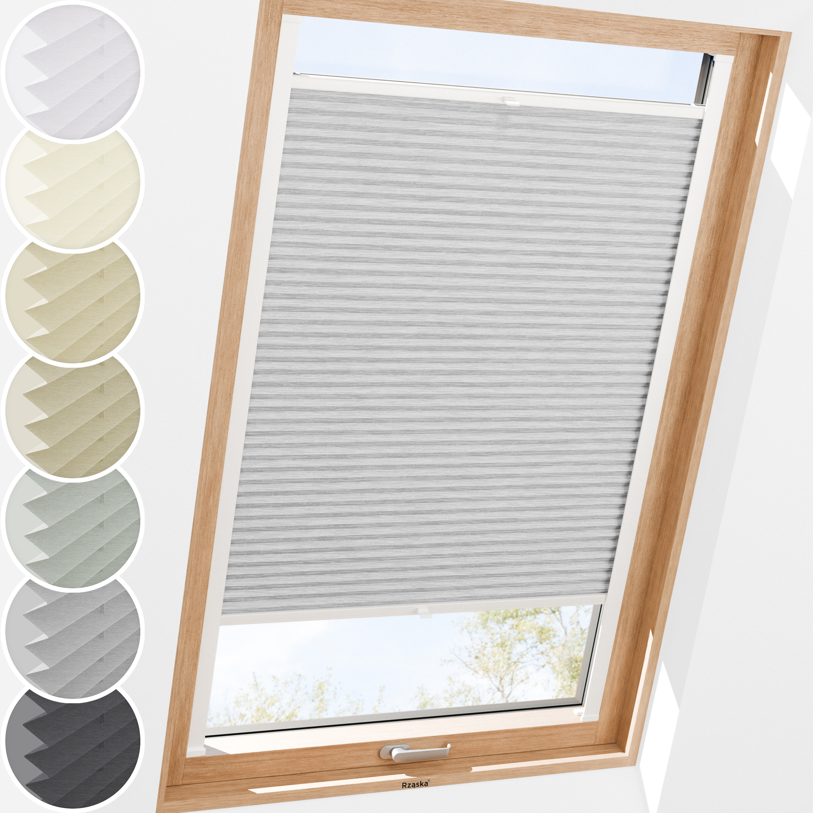 Plisa Rząska® na okno dachowe na wymiar, uchwyty Risinfix do przykręcania, kolekcja Dolomite w kolorze Szary sztorm, szarym z profilem białym.