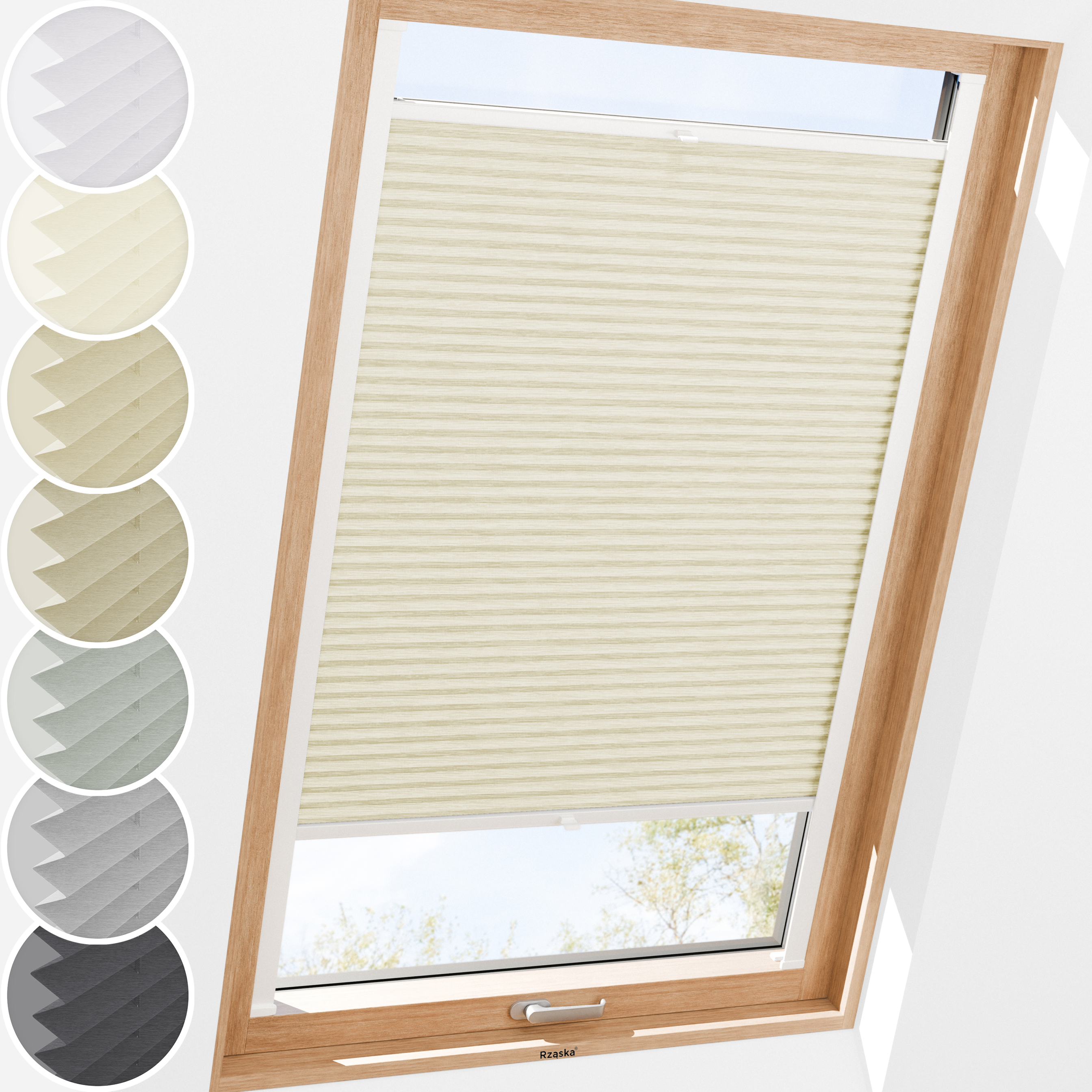 Plisa Rząska® na okno dachowe na wymiar, uchwyty Risinfix do przykręcania, kolekcja Dolomite w kolorze Mokry piasek, beżowym z profilem białym.