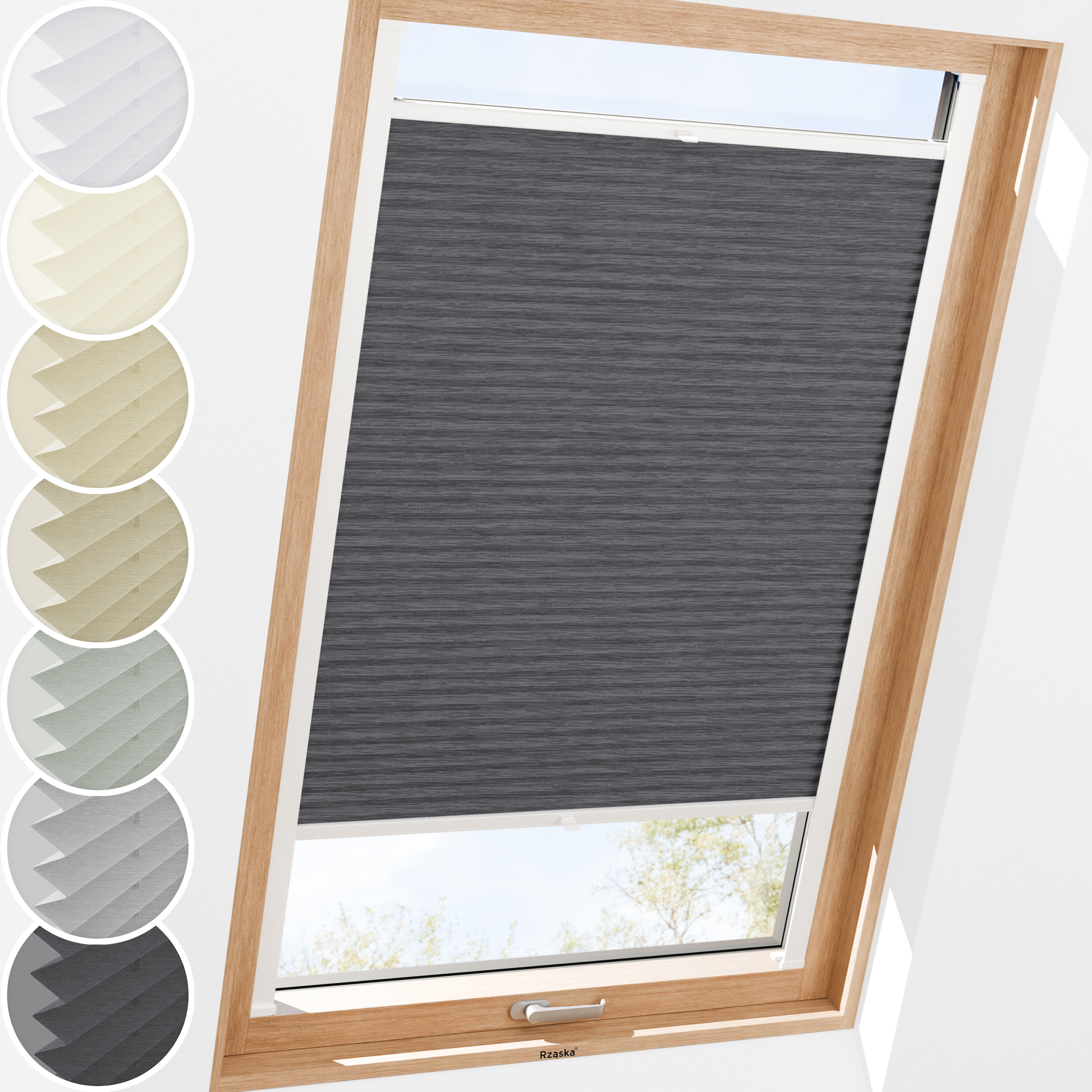 Plisa Rząska® na okno dachowe na wymiar, uchwyty Risinfix do przykręcania, kolekcja Dolomite w kolorze Ciemny vintage, szarym z profilem białym.