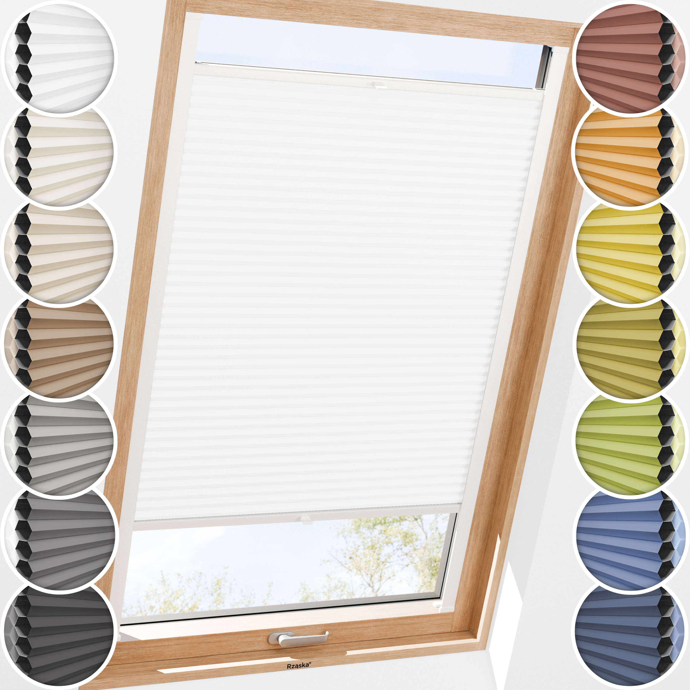 Rząska® Roleta na okno dachowe, uchwyty Risinfix do przykręcania, kolekcja Honeycomb o struktorze plastra miodu w kolorze Światło księżyca, białym z profilem białym.