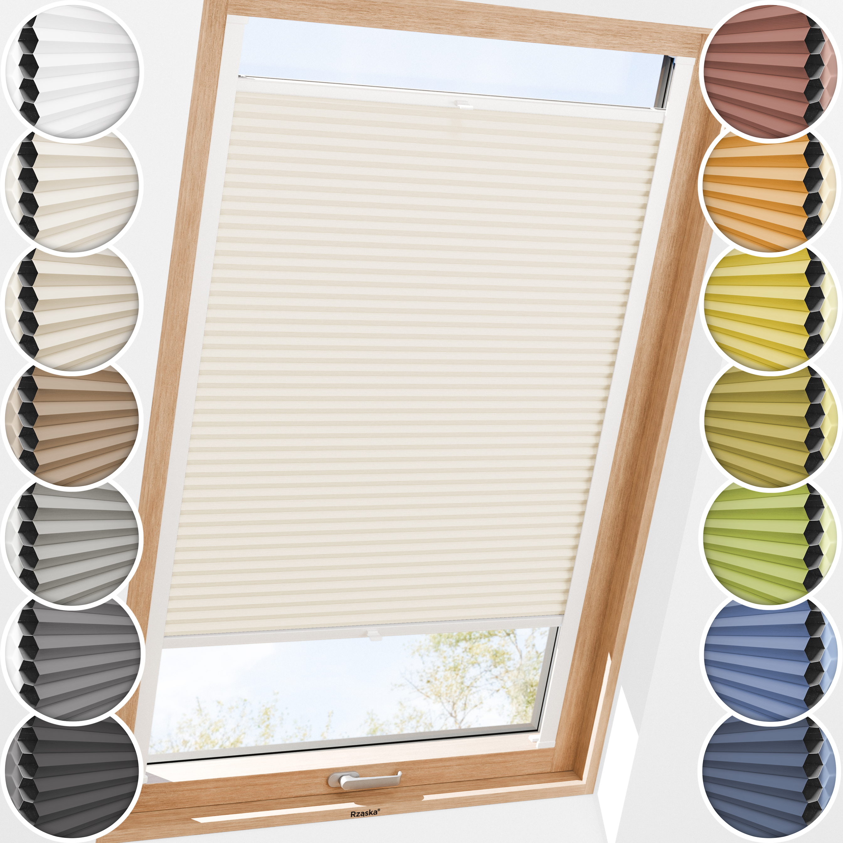 Rząska® Roleta na okno dachowe, uchwyty Risinfix do przykręcania, kolekcja Honeycomb o struktorze plastra miodu w kolorze Spokojne wybrzeże, beżowym z profilem białym.