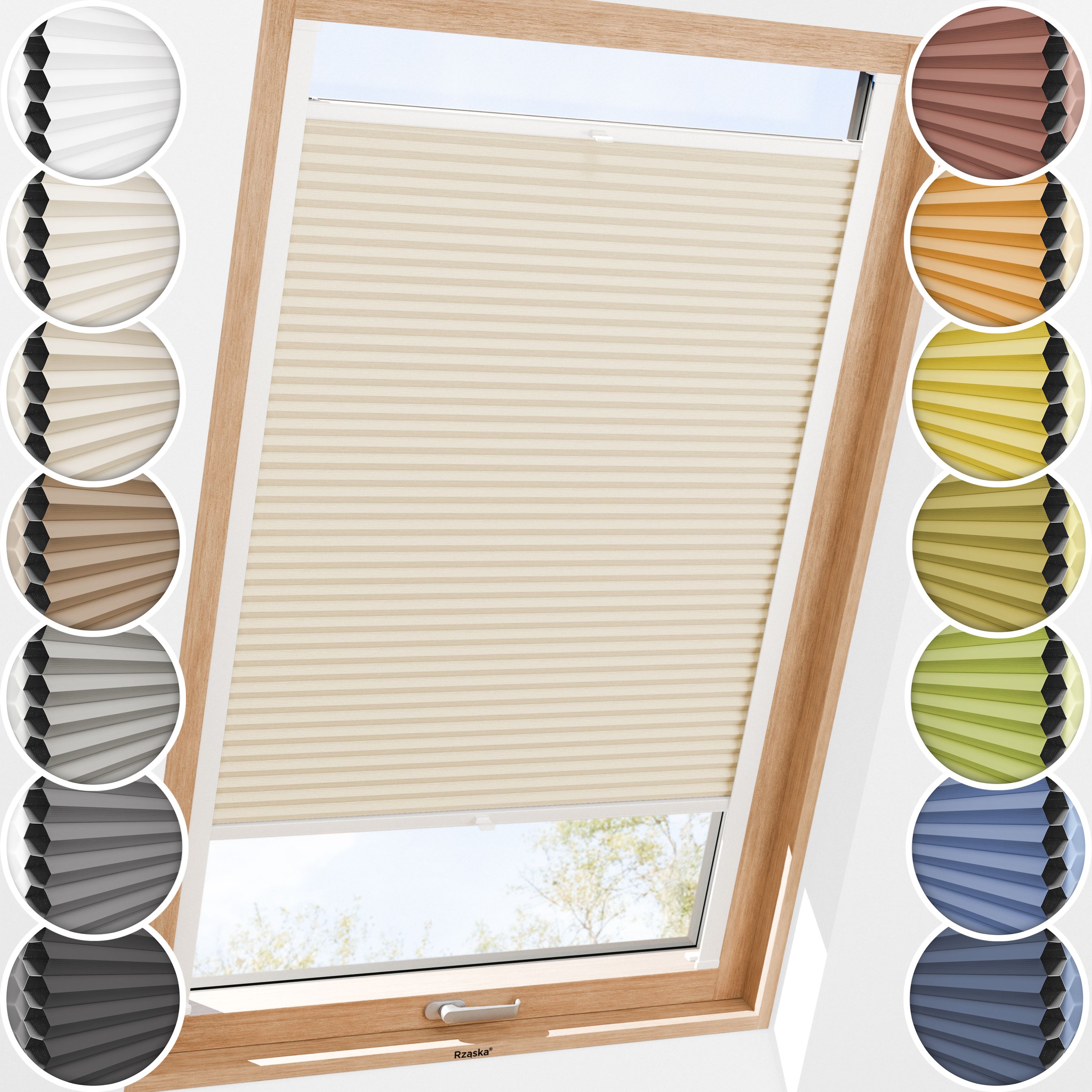 Rząska® Roleta na okno dachowe, uchwyty Risinfix do przykręcania, kolekcja Honeycomb o struktorze plastra miodu w kolorze Wydma, beżowym z profilem brązowym.