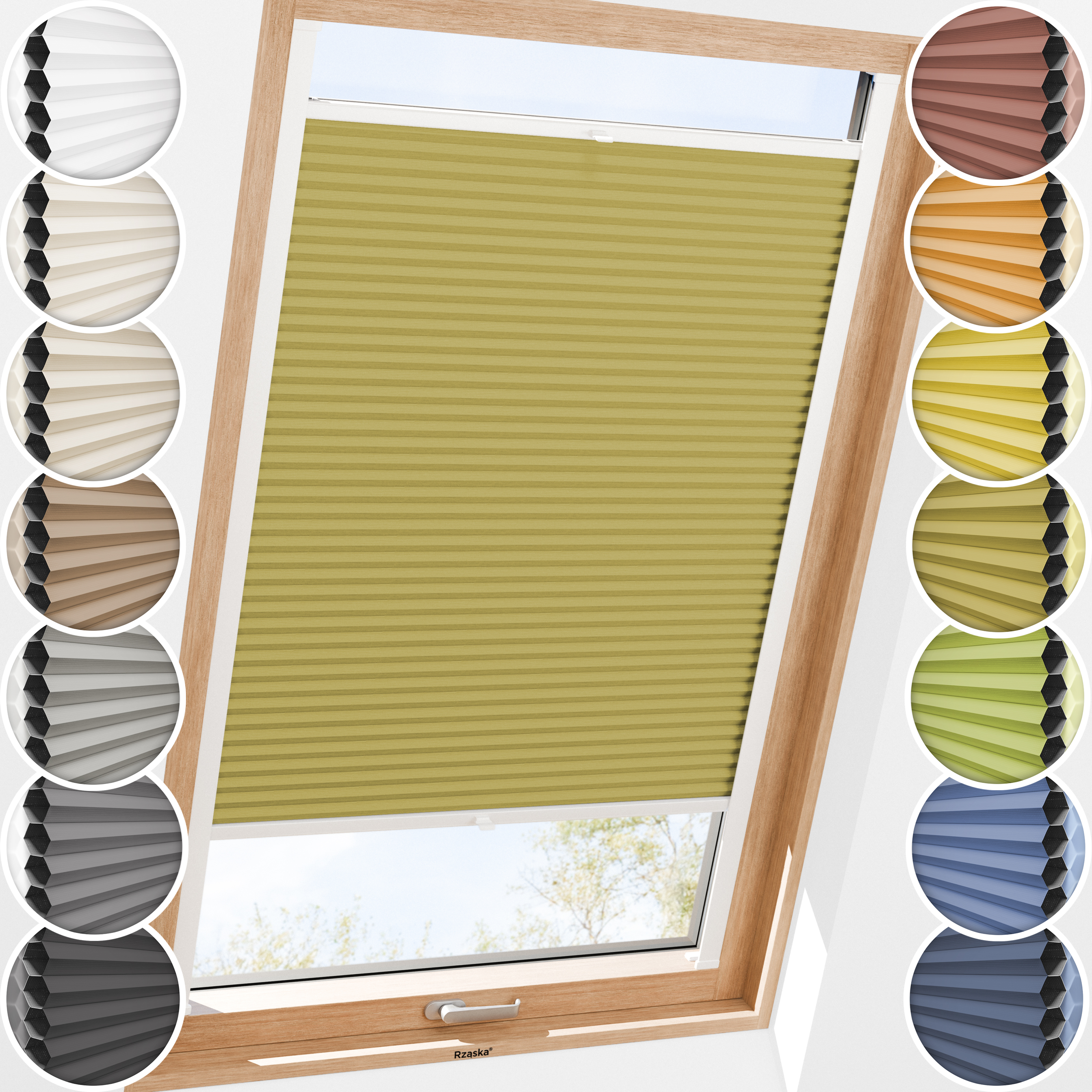 Rząska® Roleta na okno dachowe, uchwyty Risinfix do przykręcania, kolekcja Honeycomb o struktorze plastra miodu w kolorze Gałązka oliwna, żółtym z profilem białym.