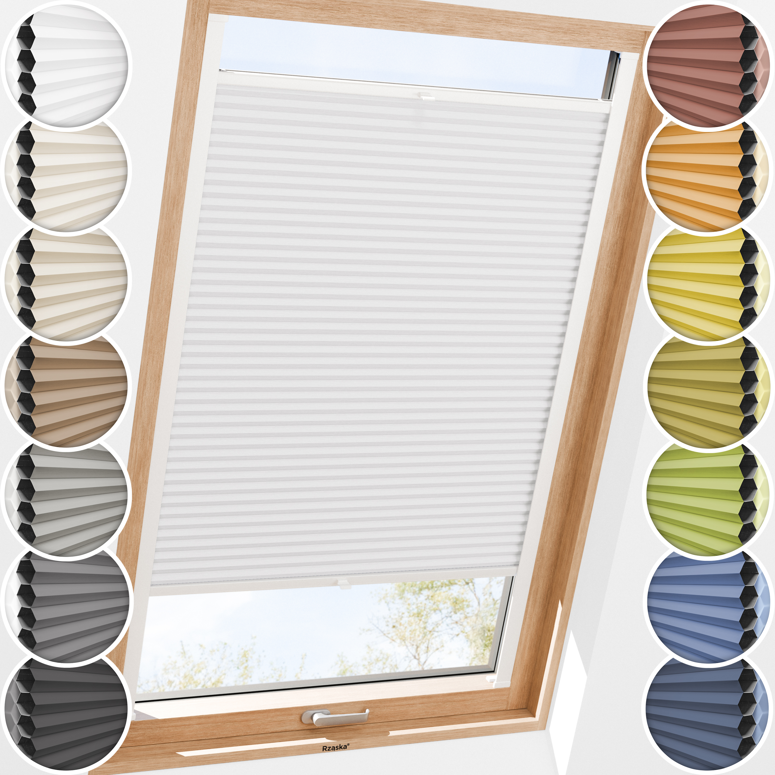 Rząska® Roleta na okno dachowe, uchwyty Risinfix do przykręcania, kolekcja Honeycomb o struktorze plastra miodu w kolorze Szary Dotyk, pastelowym szarym z profilem białym.