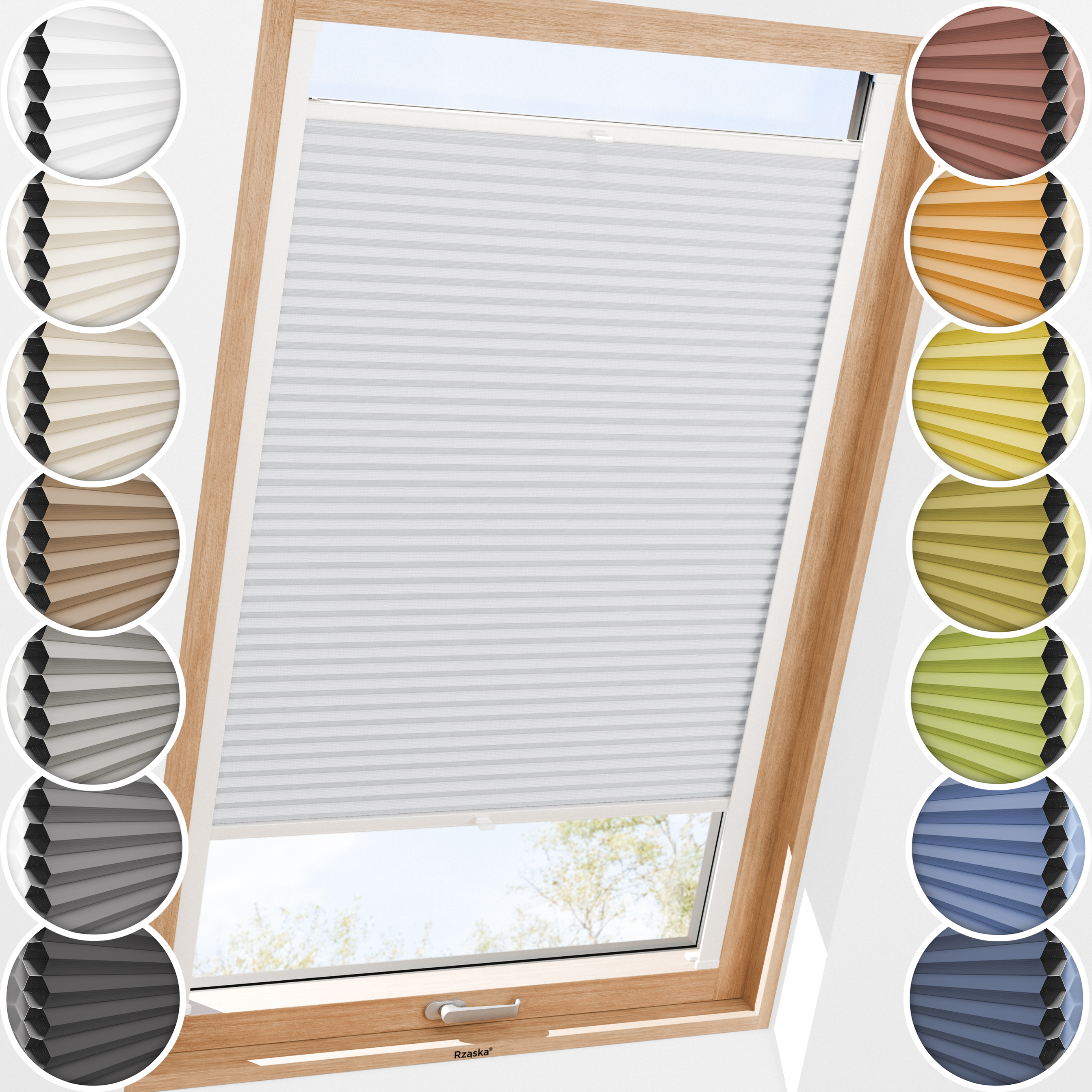 Rząska® Roleta na okno dachowe, uchwyty Risinfix do przykręcania, kolekcja Honeycomb o struktorze plastra miodu w kolorze Szept Poranka, jasnoszarym z profilem białym.