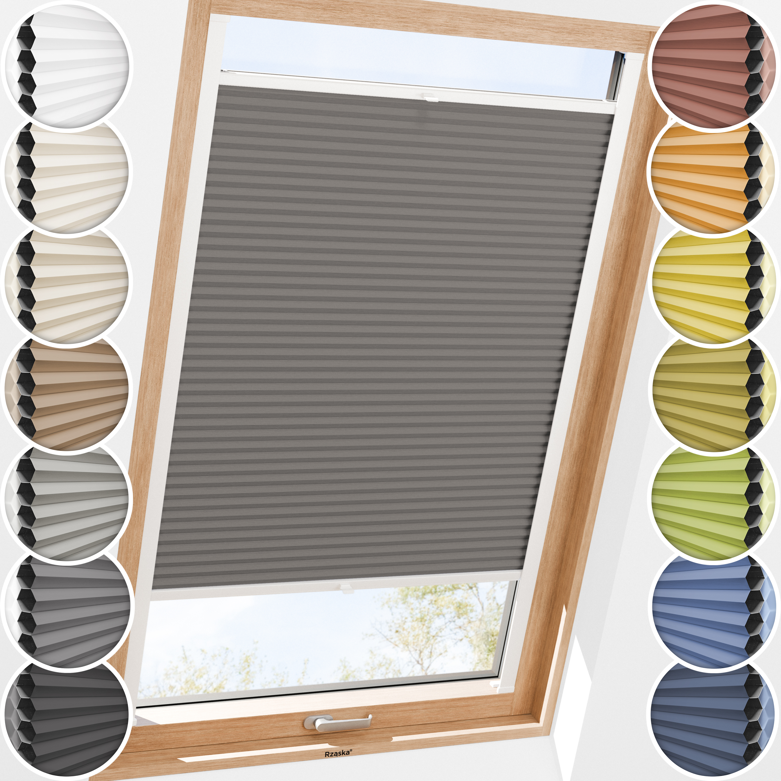 Rząska® Roleta na okno dachowe, uchwyty Risinfix do przykręcania, kolekcja Honeycomb o struktorze plastra miodu w kolorze Szwajcarska czekolada, szarobrązowym z profilem białym.