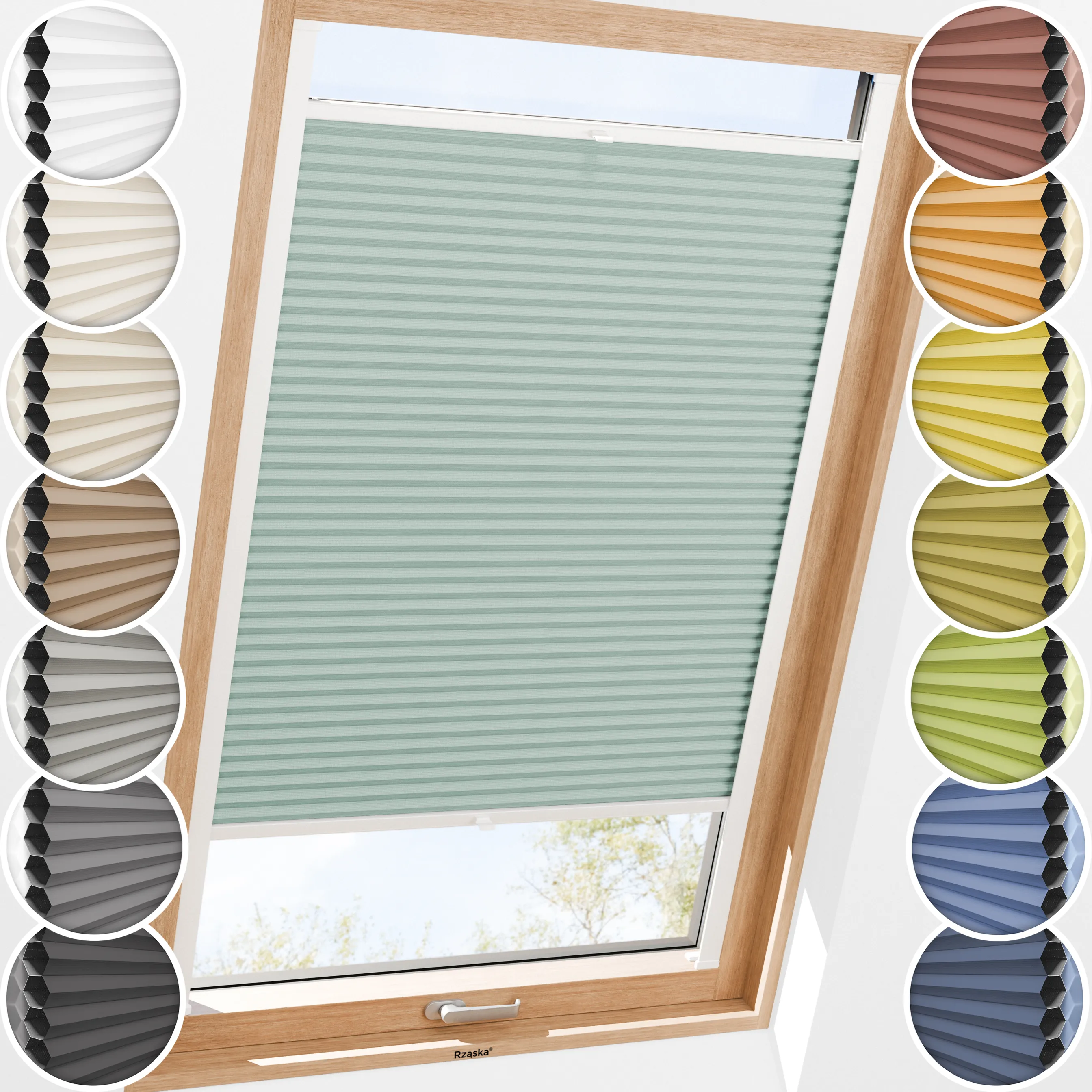Rząska® Roleta na okno dachowe, uchwyty Risinfix do przykręcania, kolekcja Honeycomb o struktorze plastra miodu w kolorze Królestwo Oz, jasnozielonym z profilem białym.