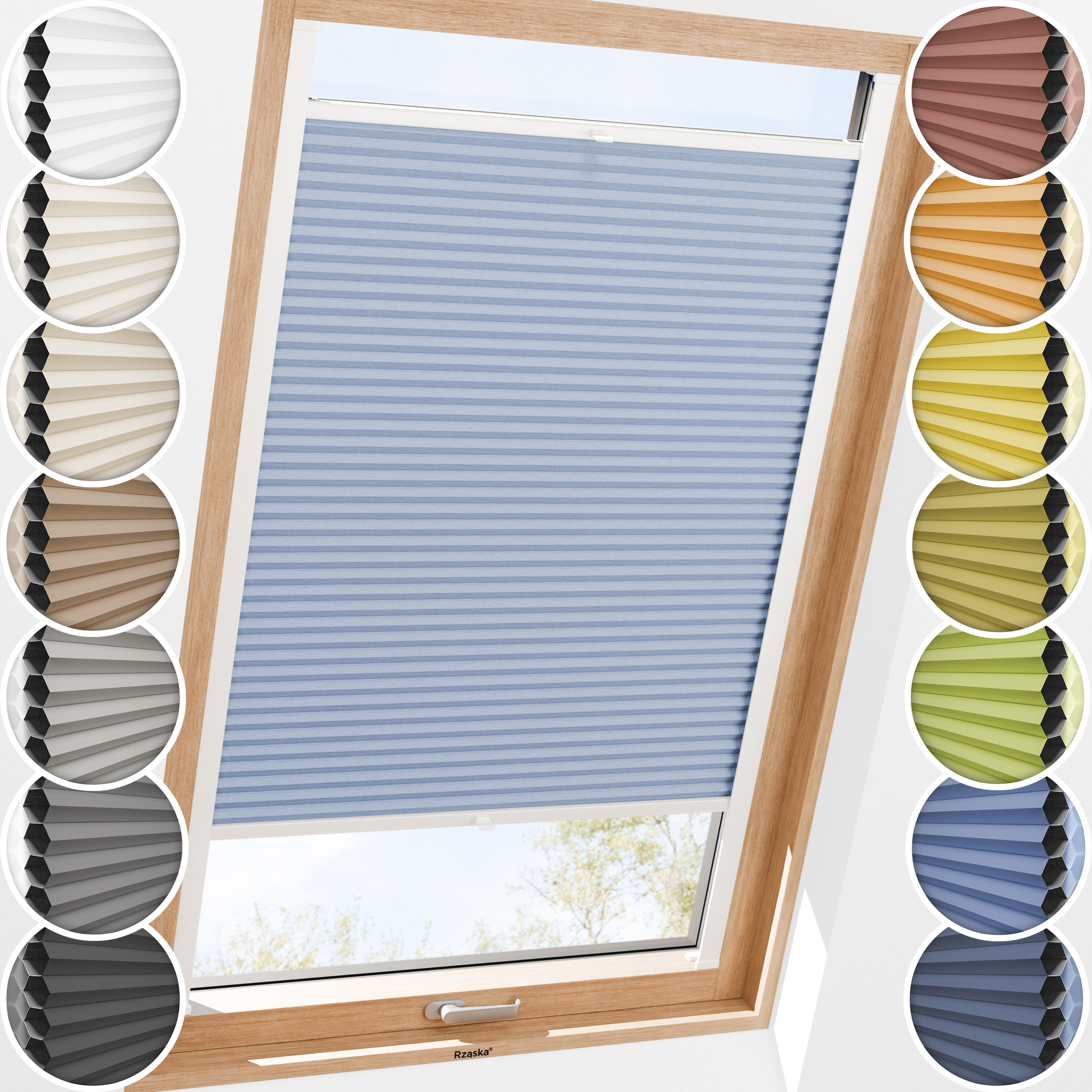 Rząska® Roleta na okno dachowe, uchwyty Risinfix do przykręcania, kolekcja Honeycomb o struktorze plastra miodu w kolorze Lodowy Ocean, jasnoniebieskim z profilem antracytowym.