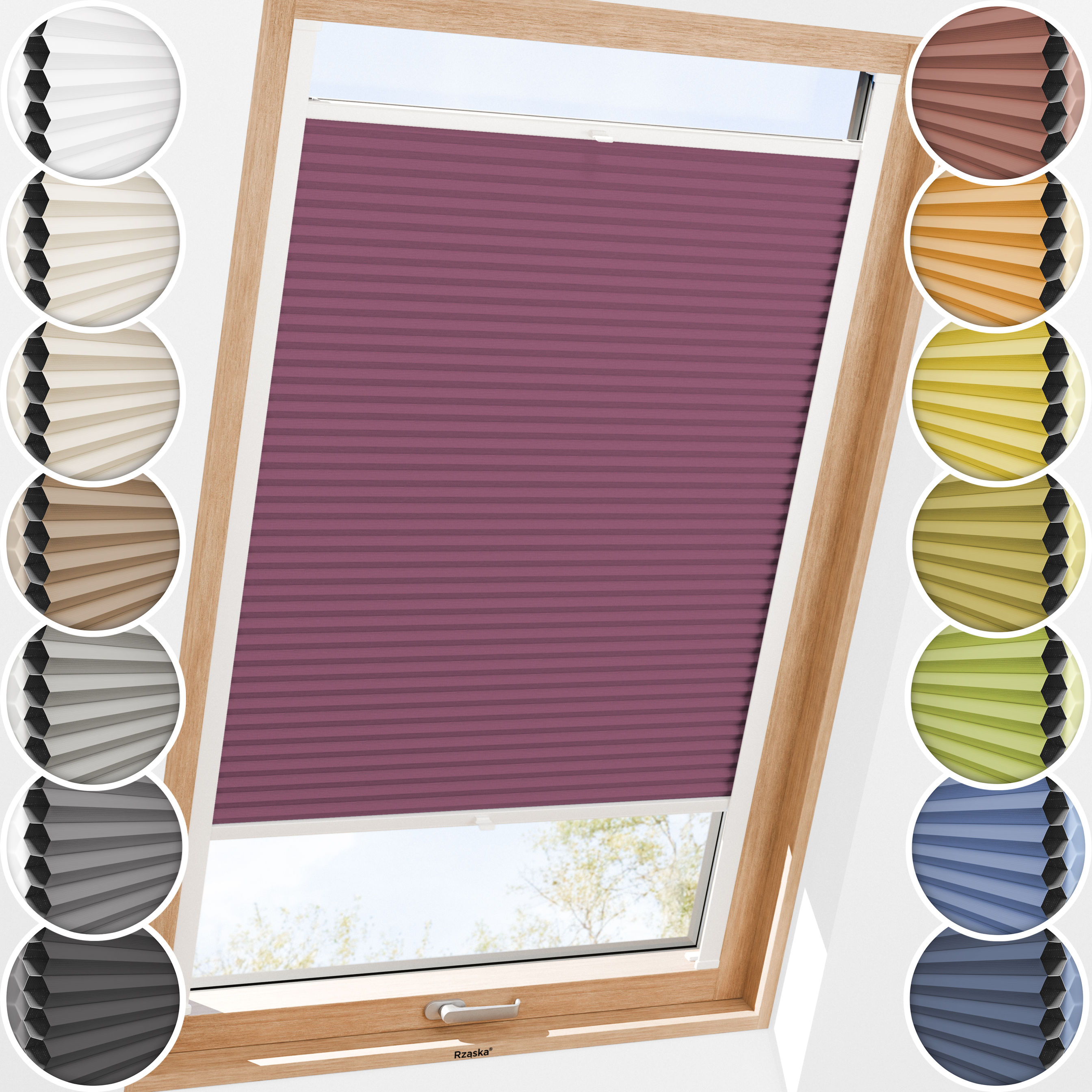 Rząska® Roleta na okno dachowe, uchwyty Risinfix do przykręcania, kolekcja Honeycomb o struktorze plastra miodu w kolorze Red Velvet , fioletowo-czerwonym z profilem białym.