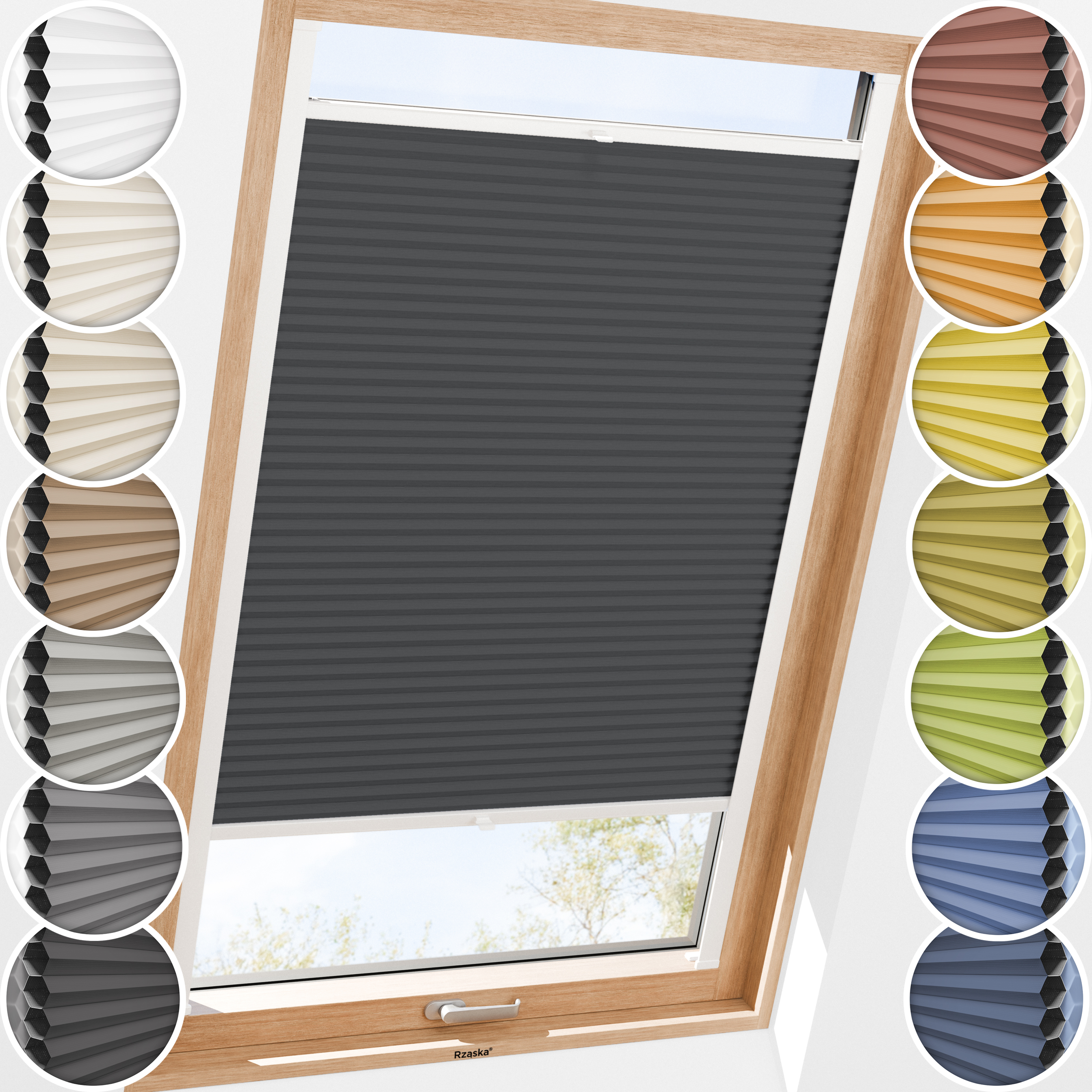 Rząska® Roleta na okno dachowe, uchwyty Risinfix do przykręcania, kolekcja Honeycomb o struktorze plastra miodu w kolorze Popiół Północy, antracytowym z profilem białym.