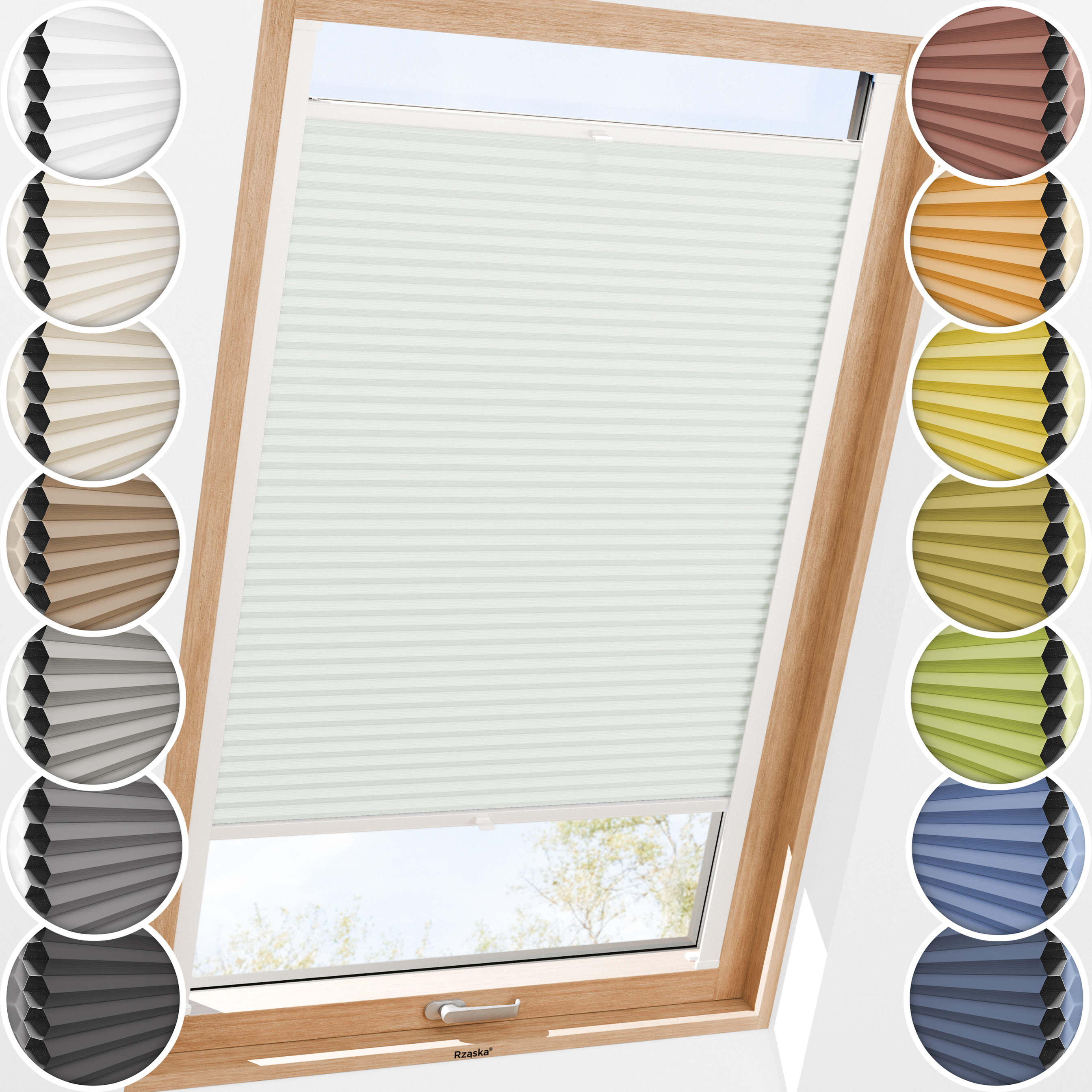 Rząska® Roleta na okno dachowe, uchwyty Risinfix do przykręcania, kolekcja Honeycomb o struktorze plastra miodu w kolorze Dzwoneczkowy Pył, pastelowa zieleń z profilem białym.