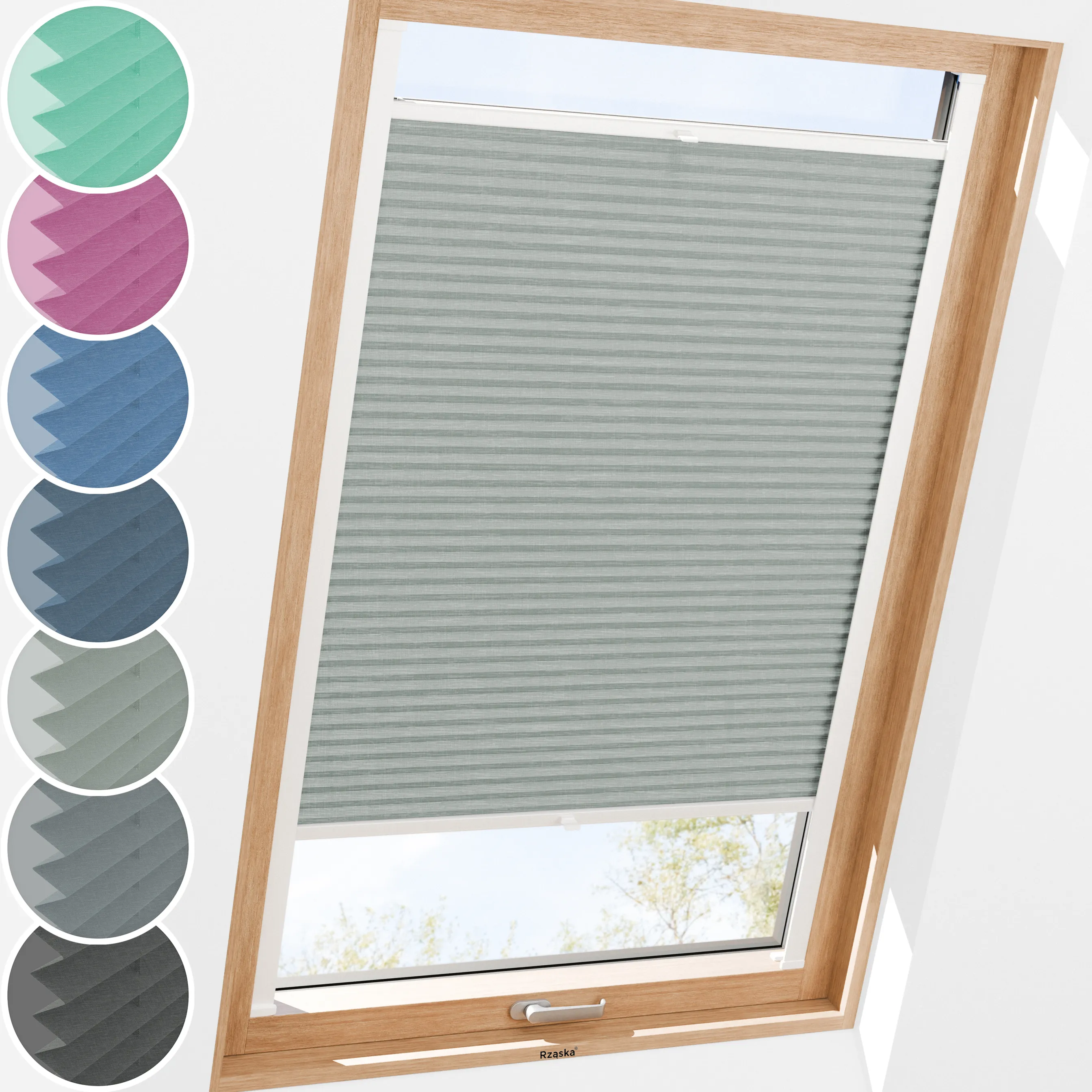 Plisa dachowa Rząska® z prowadnicami na wymiar, uchwyty Risinfix do przykręcania, kolekcja Melange w kolorze W drodze, szarym z profilem białym.