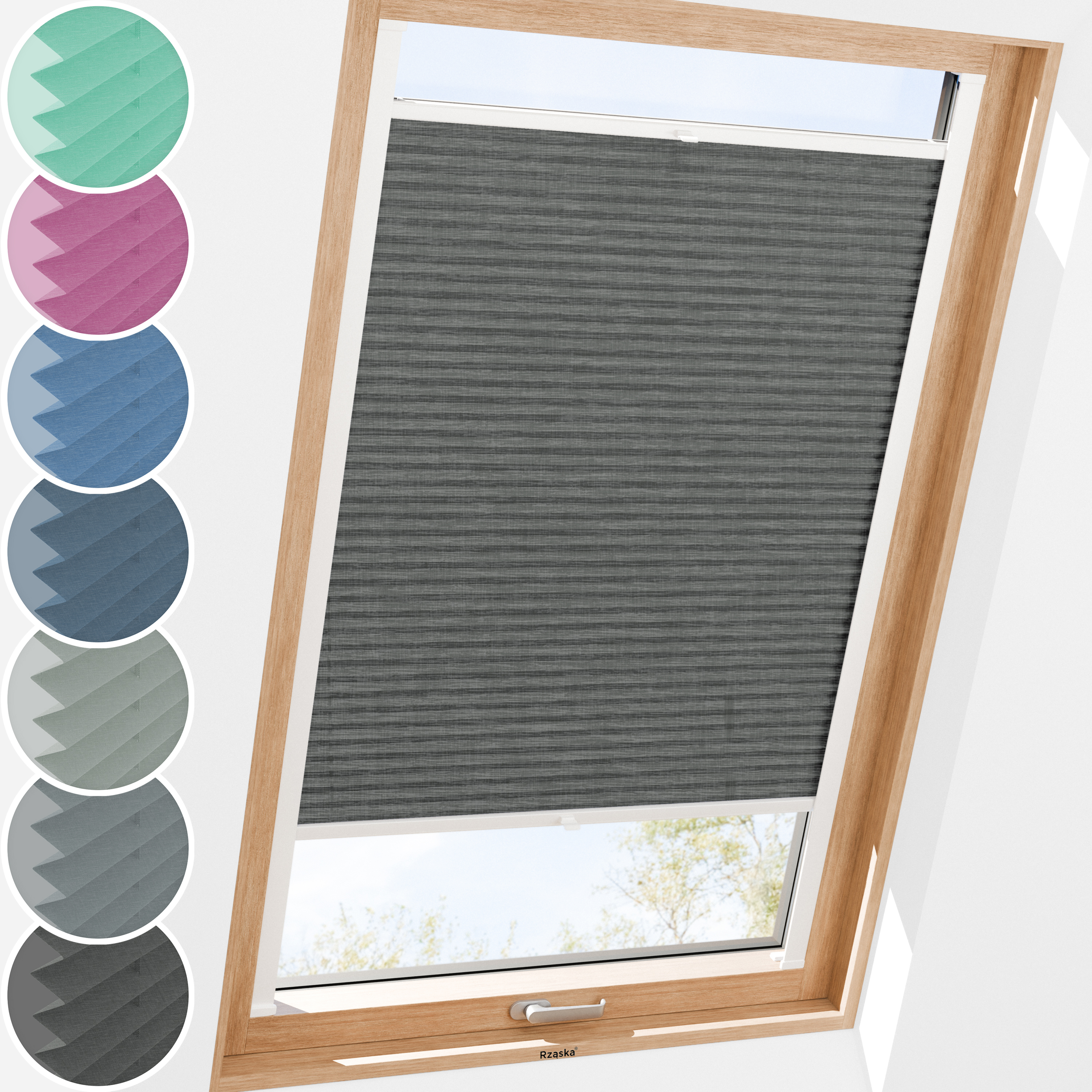 Plisa dachowa Rząska® z prowadnicami na wymiar, uchwyty Risinfix do przykręcania, kolekcja Melange w kolorze Czarna perła, czarnym z profilem białym.