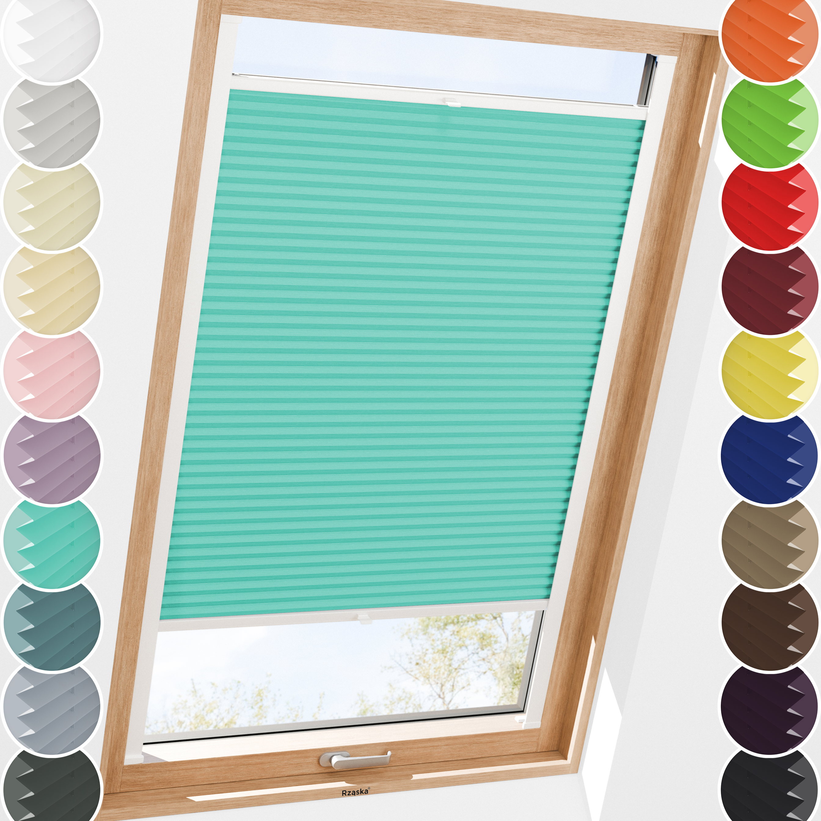 Roleta plisowana dachowa Rząska® na wymiar, uchwyty Risinfix do przykręcania, kolekcja Premium w kolorze Błękitny ocean, turkusowym z profilem białym.