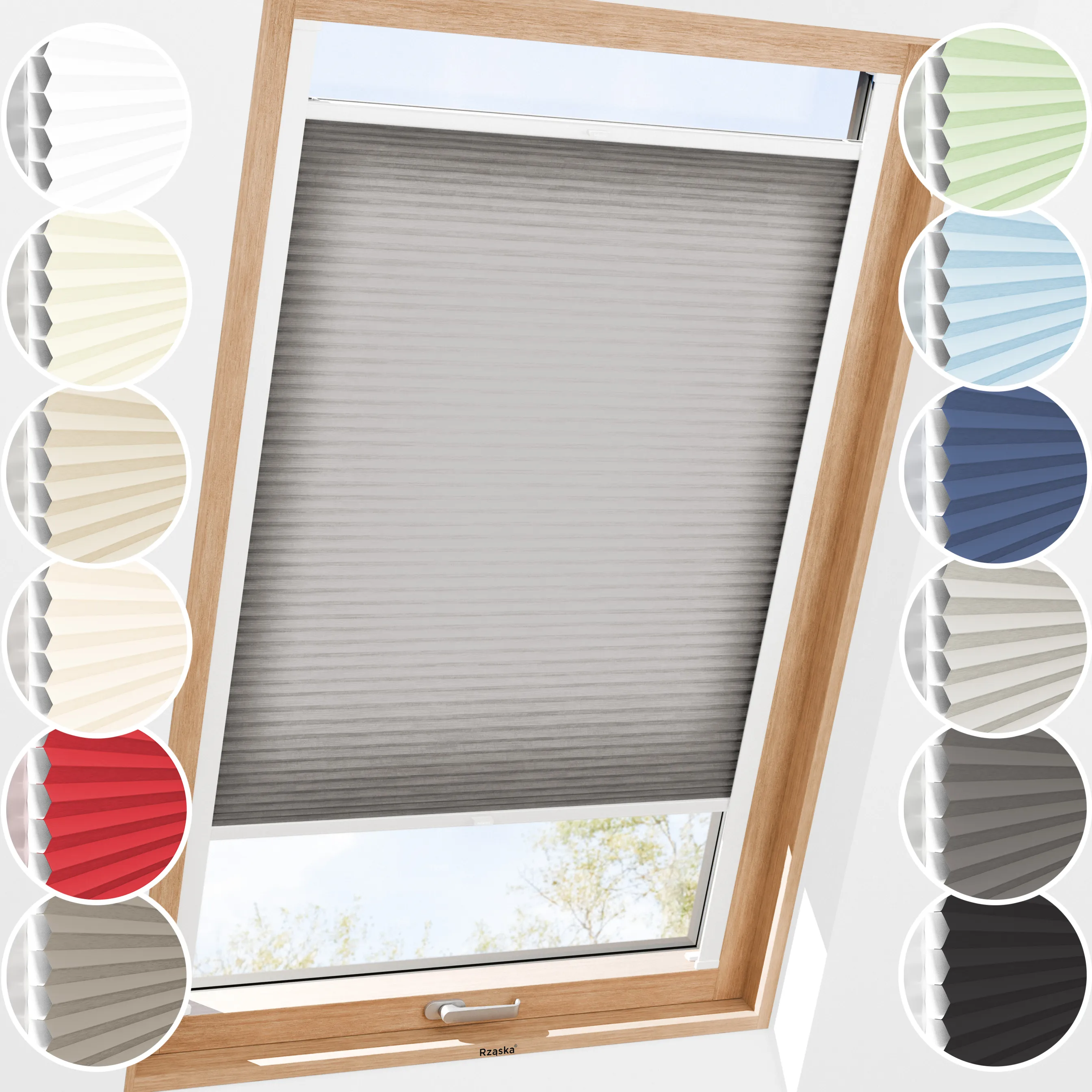 Rząska® dachowa roleta plisowana na wymiar • Thermo Honeycomb (Plaster Miodu): kolor tkaniny Makowy Pył, ciemnoszary • kolor profili biały